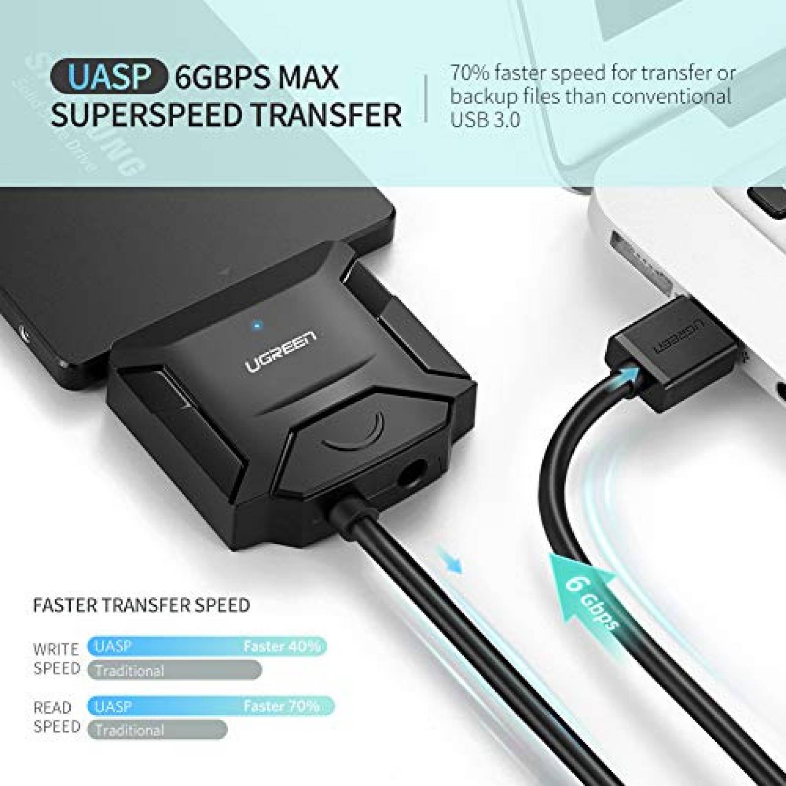 UGREEN Adaptador USB 3.0 a SATA III con UASP Cable SATA USB para 35 25 Lector Discos Duros HD ptador de Corriente.