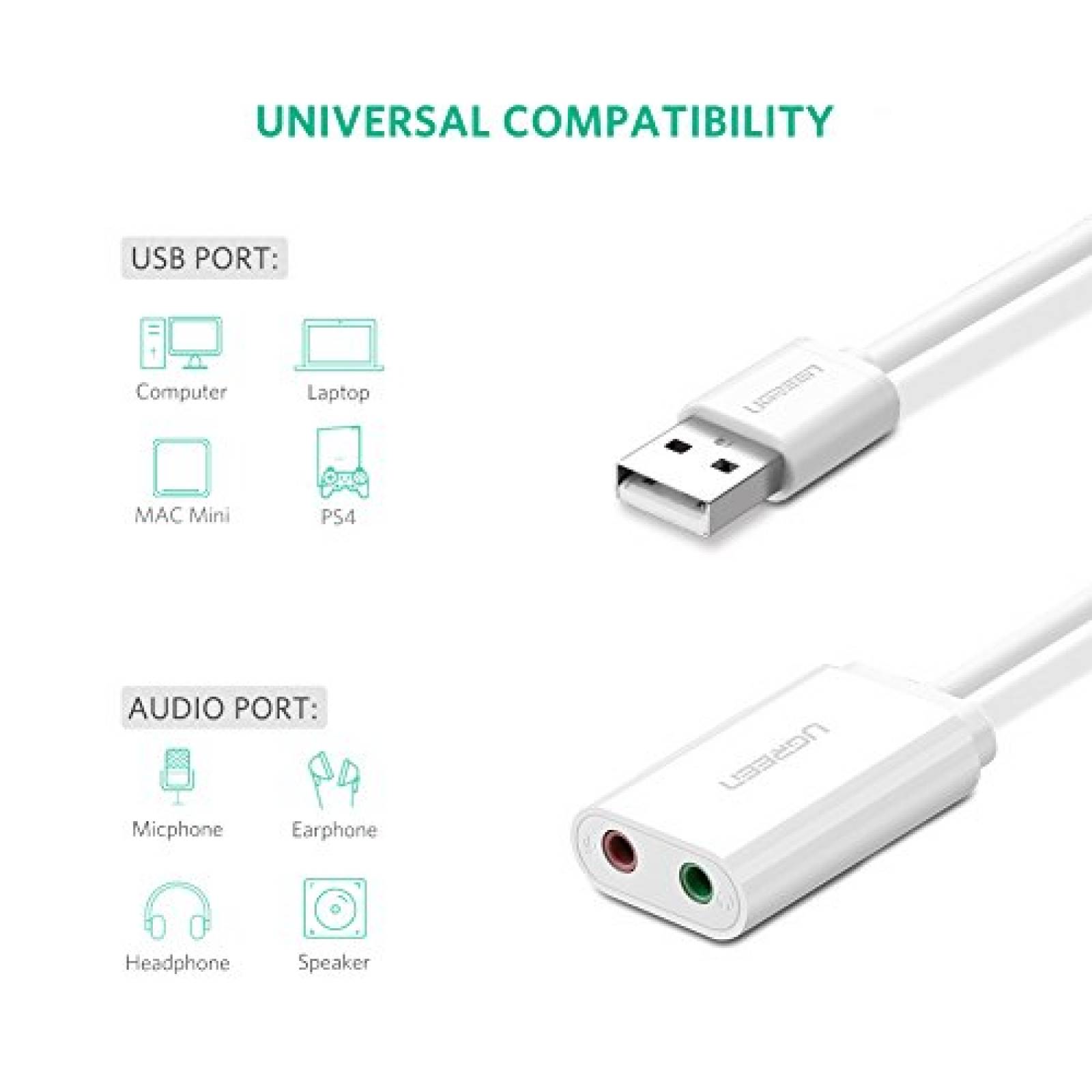 Ugreen Tarjeta De Sonido Externa Usb 2.0 + Adaptador Usb C