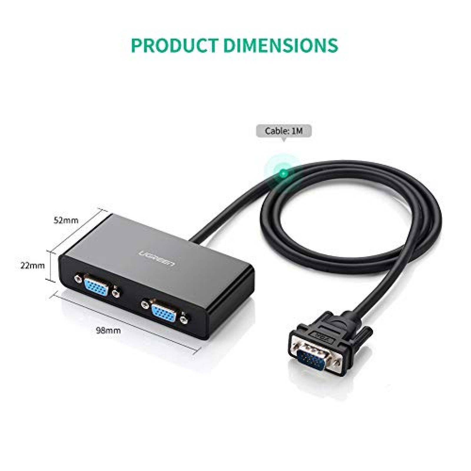 Splitter VGA Ugreen 1M Divisor Adaptador VGA a 2 VGA pu 60HZ macho a hembra Negro