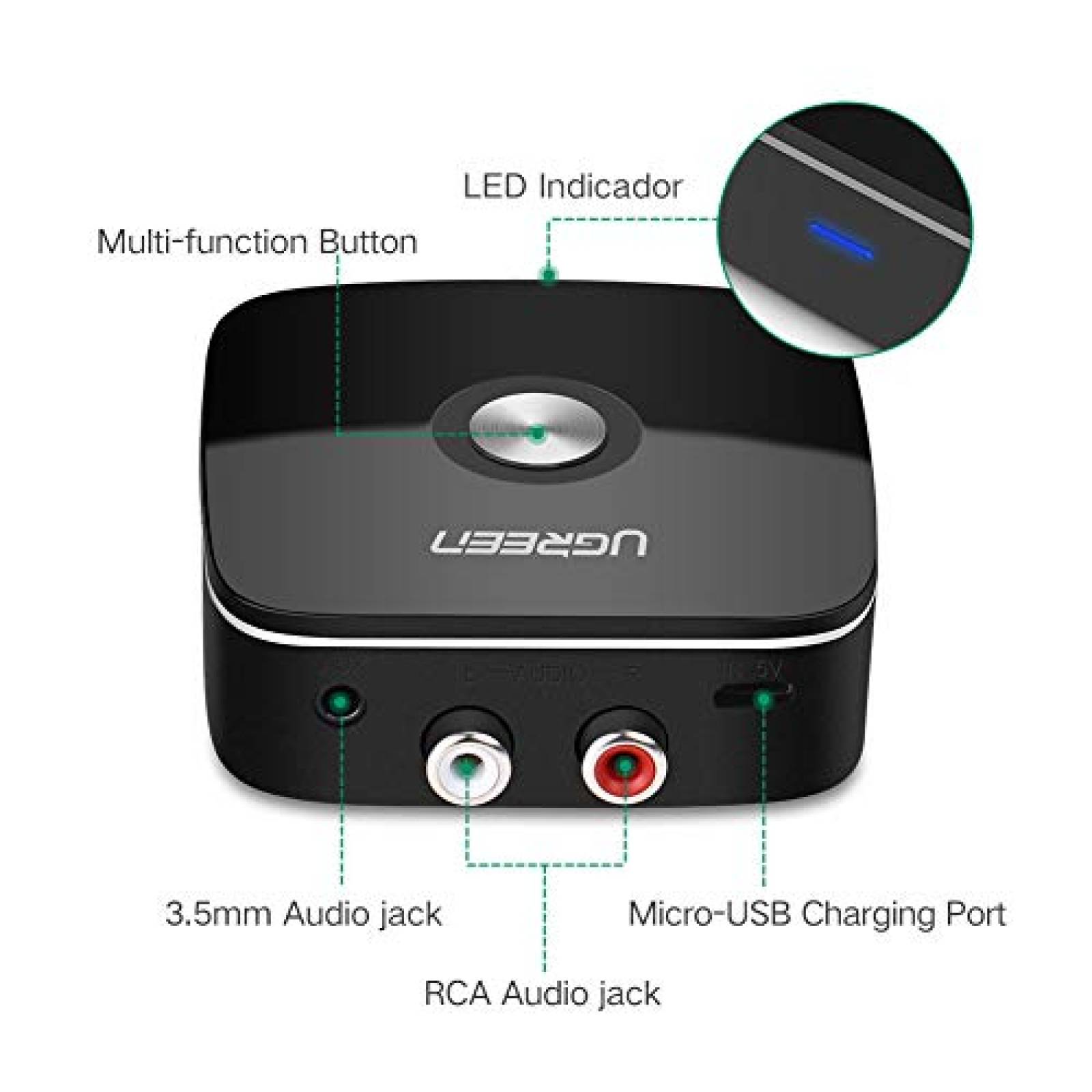 UGREEN Bluetooth Receptor Bluetooth 5.0 Audio Adaptador Sistema Estéreo del Hogar