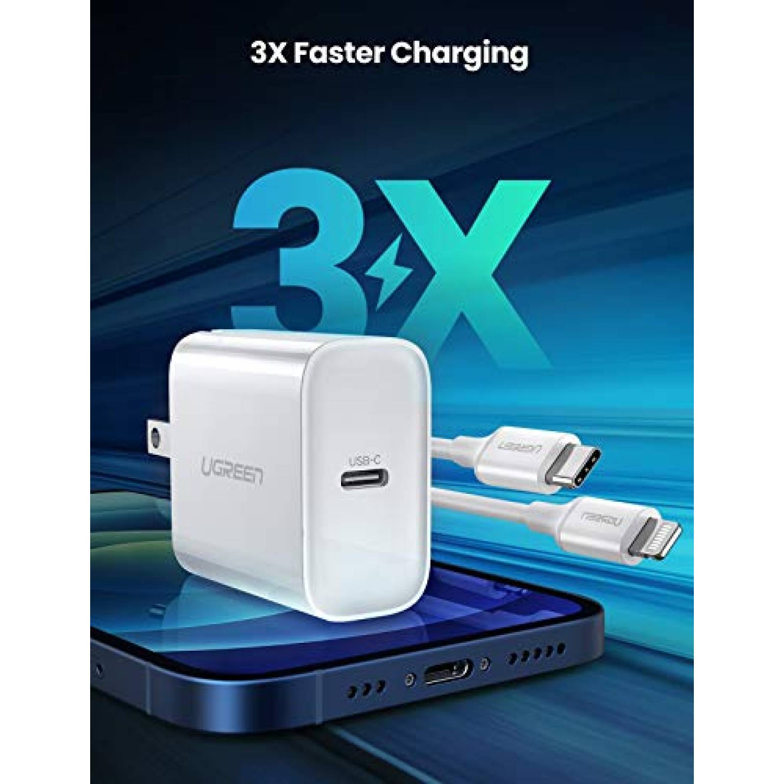 UGREEN USB C Cargador 18W con Cable USB C a Lightning T 8 Plus 7 6 Plus iPad Pro