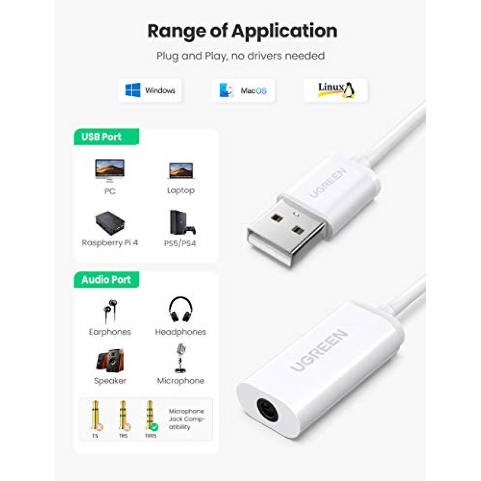 UGREEN Tarjeta de Sonido Externa USB Adaptador de Audio 5 Micrófono y Auriculares
