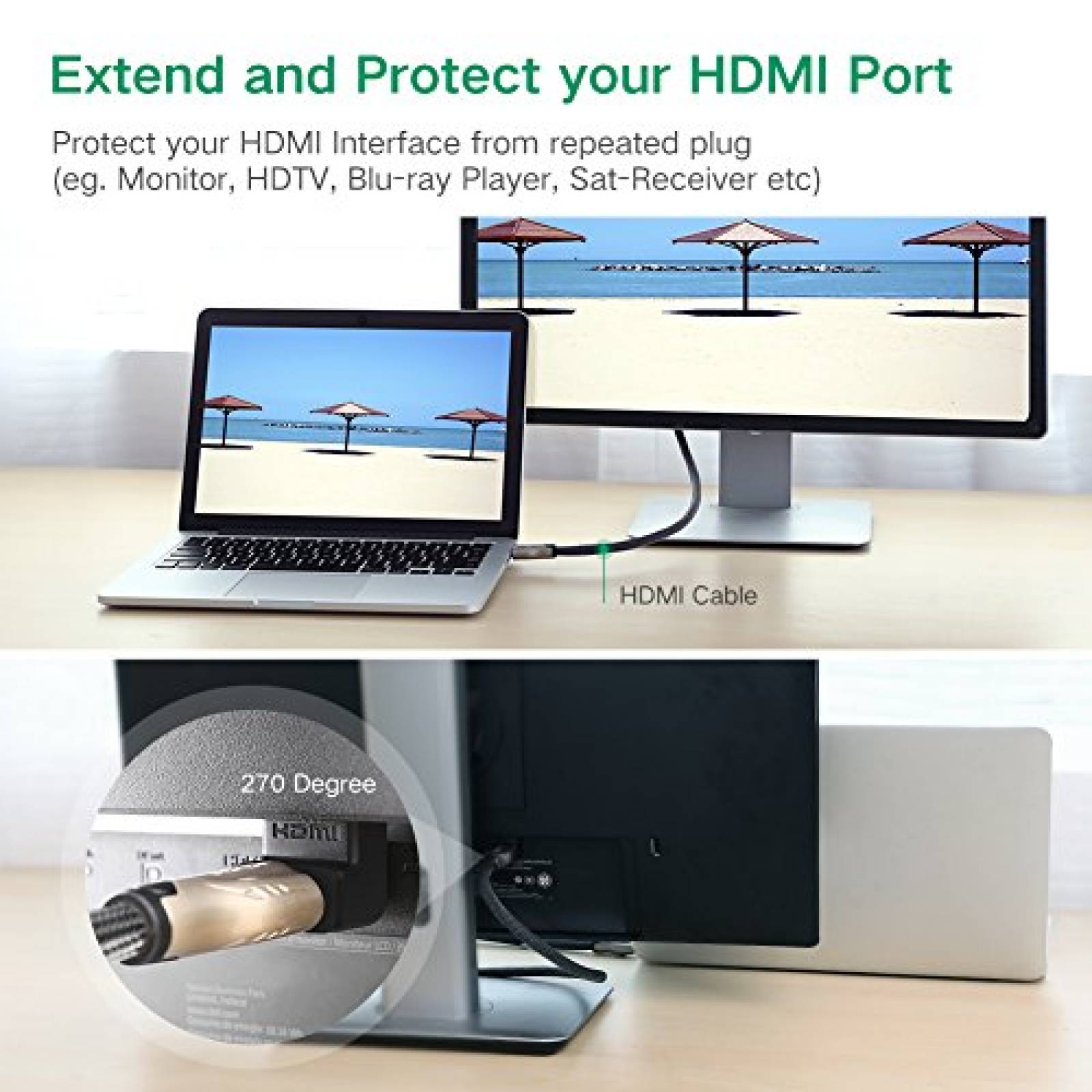 Ugreen® Adaptador HDMI macho a hembra 270 Grado ángulo   de Alta Velocidad 2 Pack