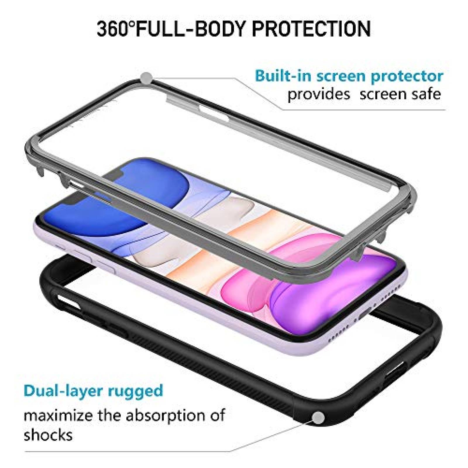 Funda OUNNE iPhone 11 Case,Full-Body Rugged Clear Case w lear+Black