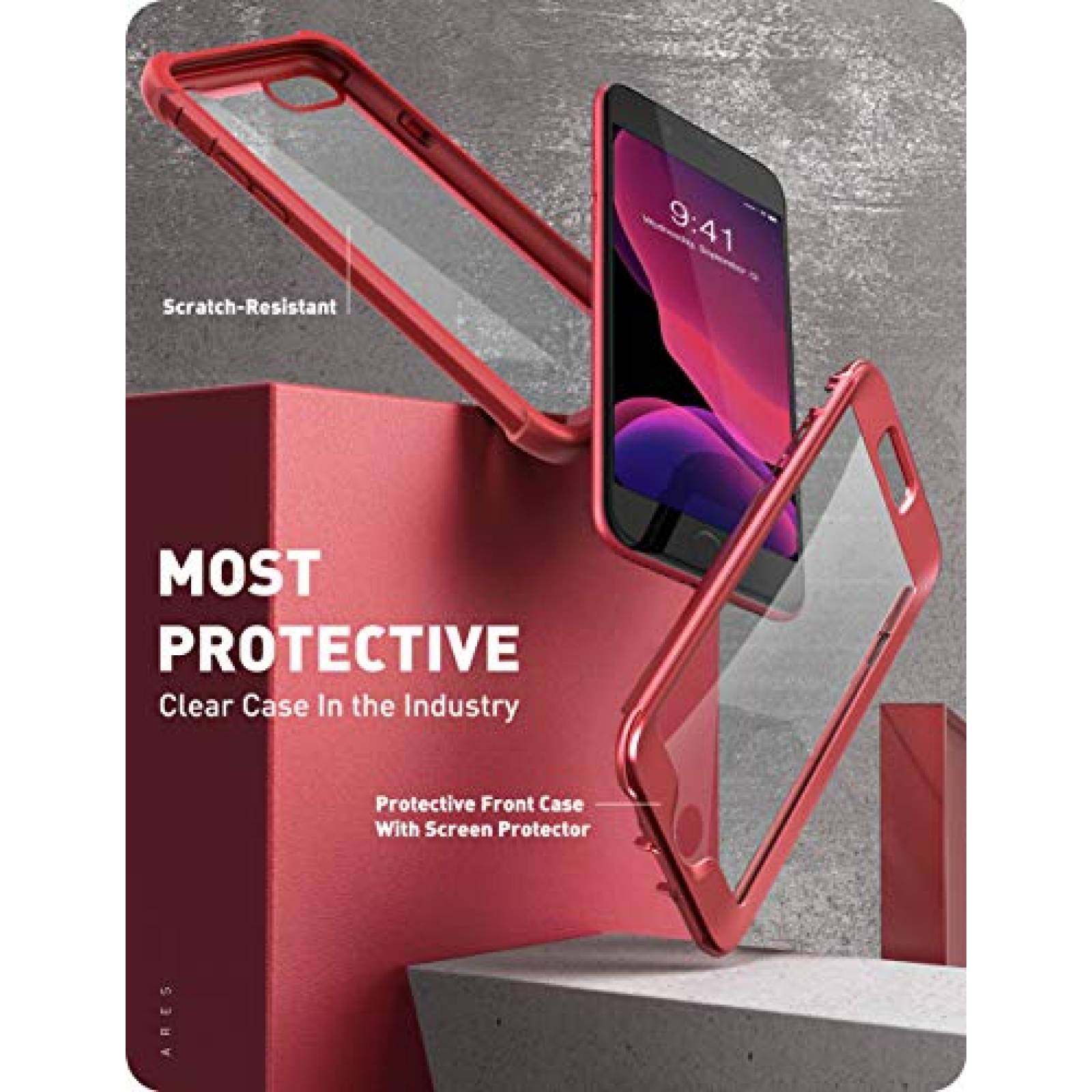 Funda i-Blason Funda para iPhone 8 Plus/iPhone 7 Plus, [Ares] Carcasa de Cuerpo Completo Resistente Transp on Protector de Pantalla Integrado (Rojo metálico)