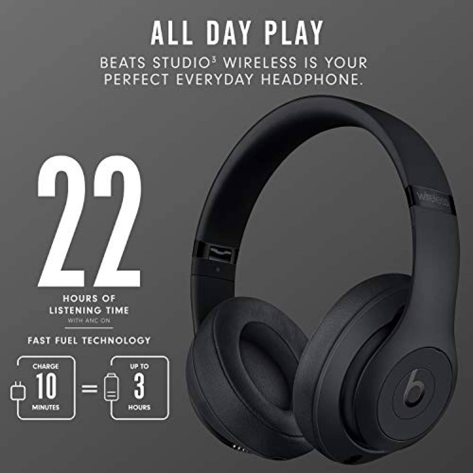 Audífonos onEar Beats Studio3 Wireless con cancelación de Ru Negro Mate