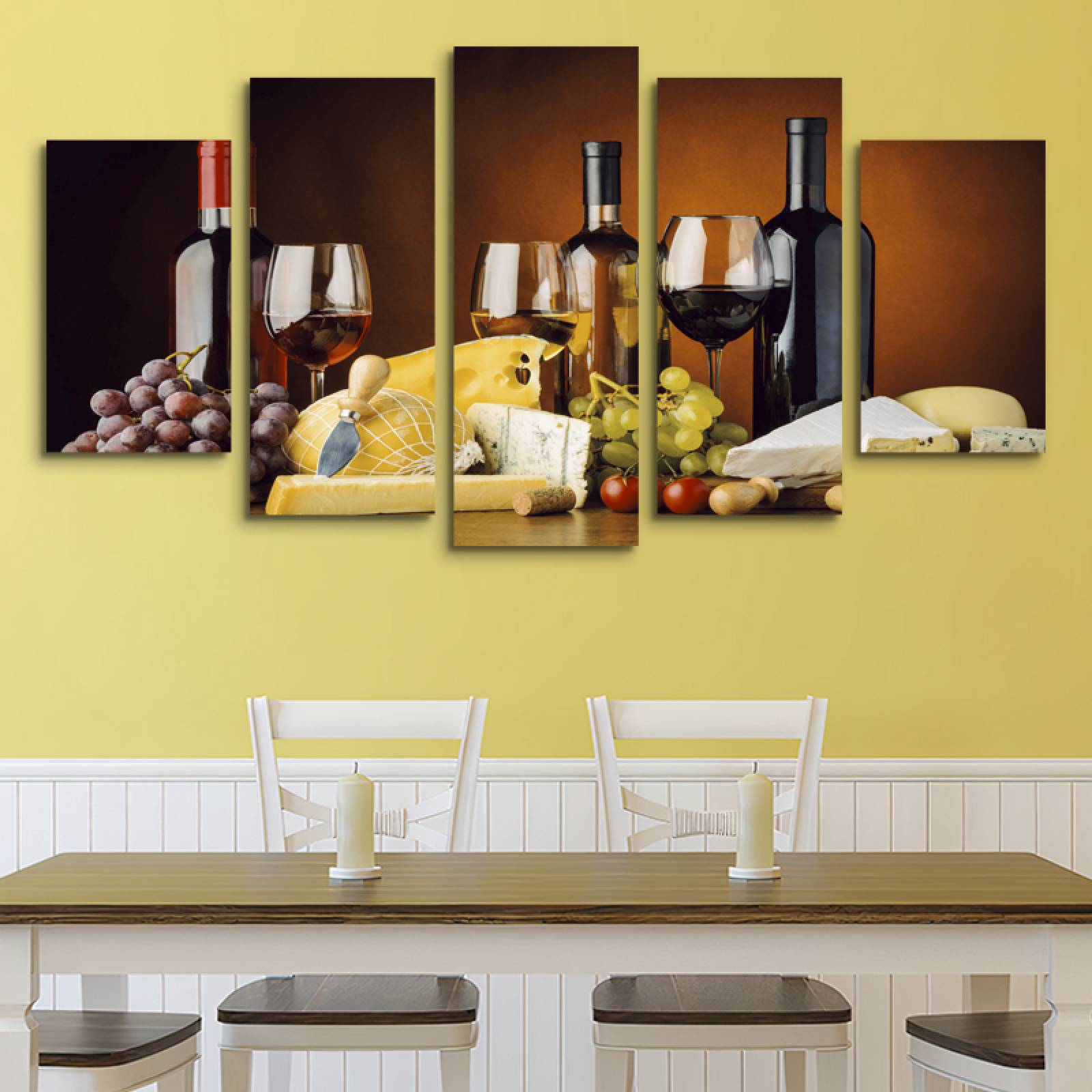 Cuadro decorativo Bodegon Vinos y Quesos decoración para Comedor y Restaurante 150x80cm 5 piezas