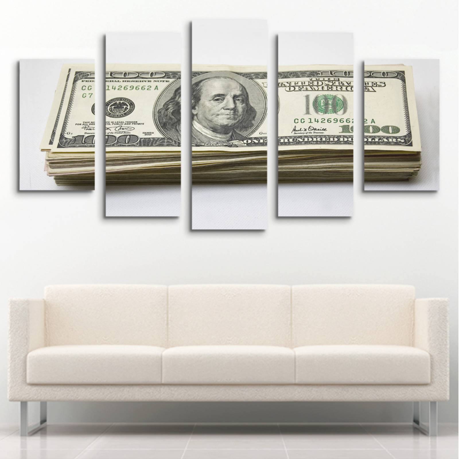 Cuadro decorativo Billetes de 100 Dolares moderno decoración 150x80cm 5 piezas