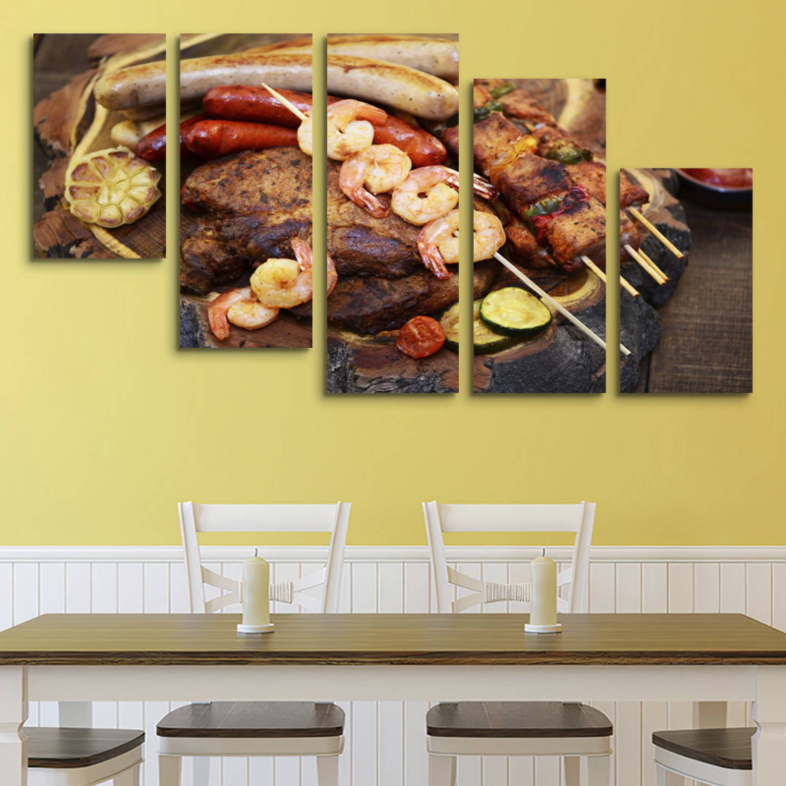 Cuadro decorativo Parrillada Carne Decoración para Comedores y Restaurantes 150x80cm 5 piezas