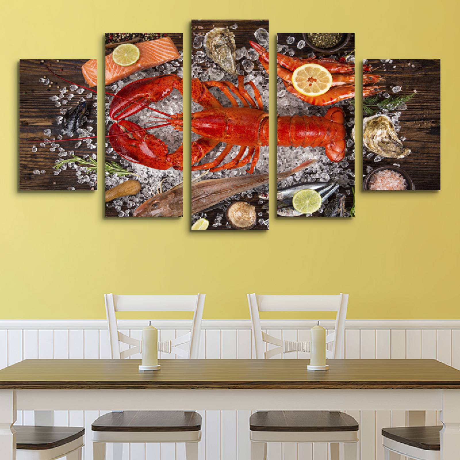 Cuadro decorativo Langosta, Camarones y Salmón Decoración para Restaurantes y Mariquerias 150x80cm