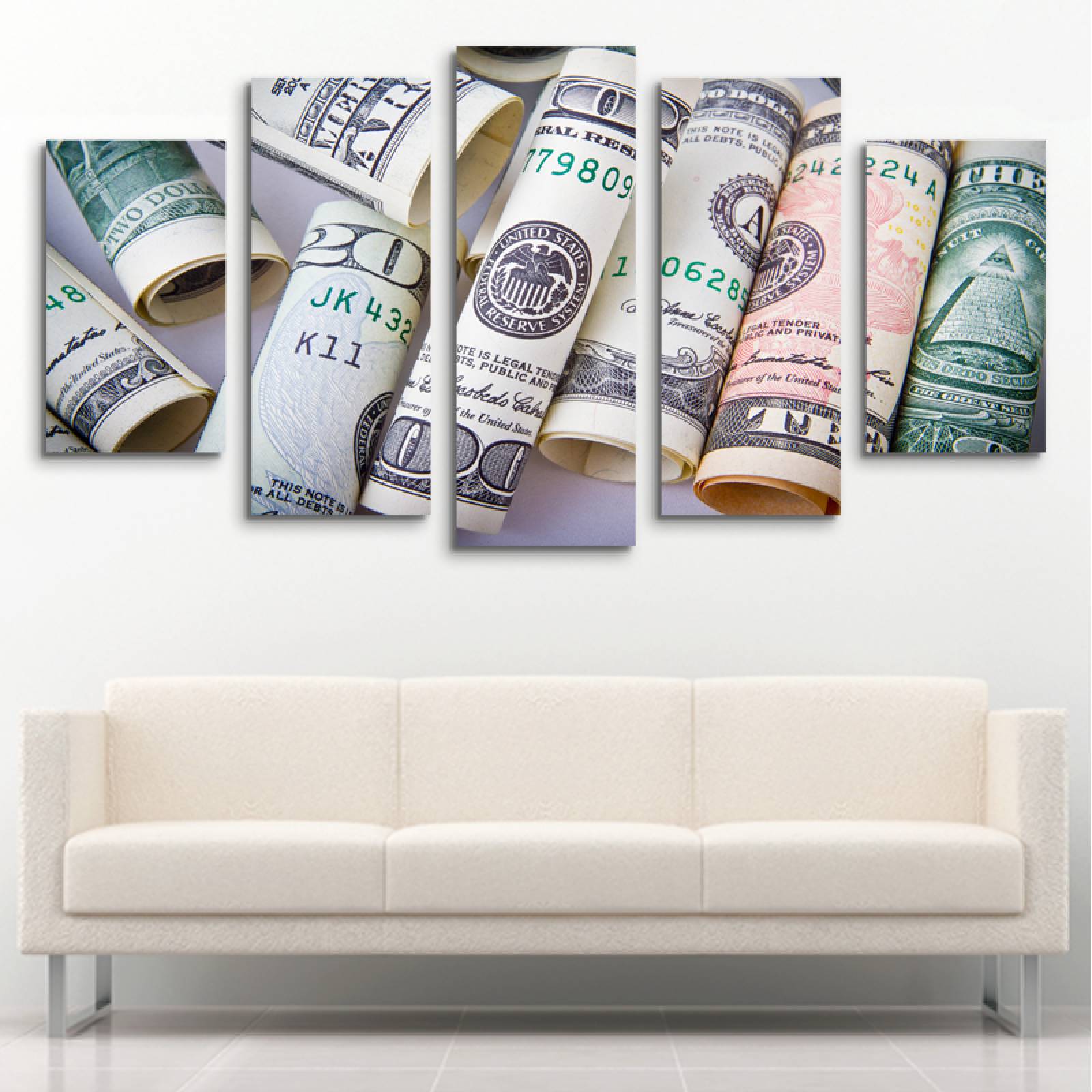 Cuadro decorativo Billetes Dolares Abundancia moderno decoración 150x80cm 5 piezas