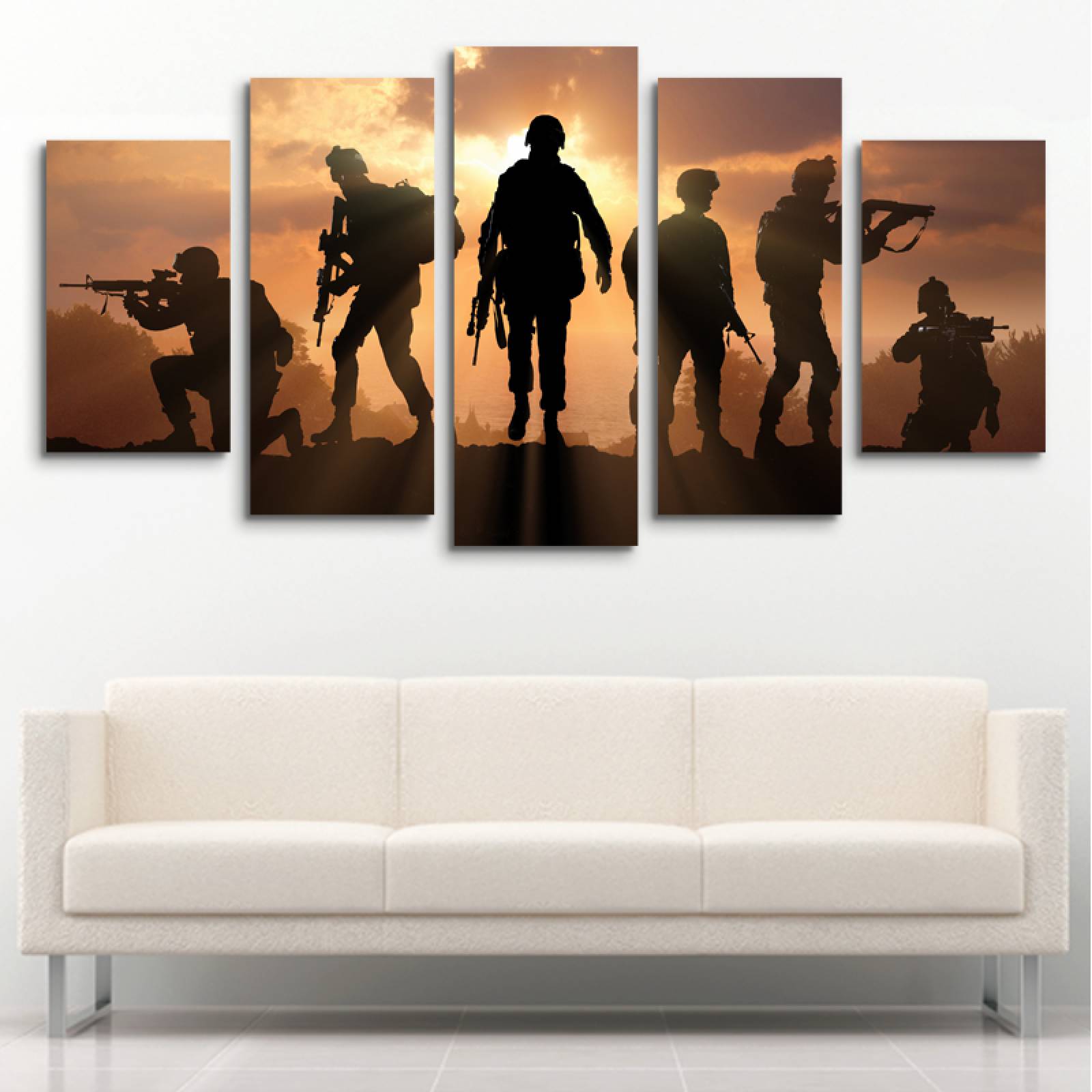 Cuadro decorativo Soldados Atardecer decoración Militar moderno 150x80cm 5 piezas