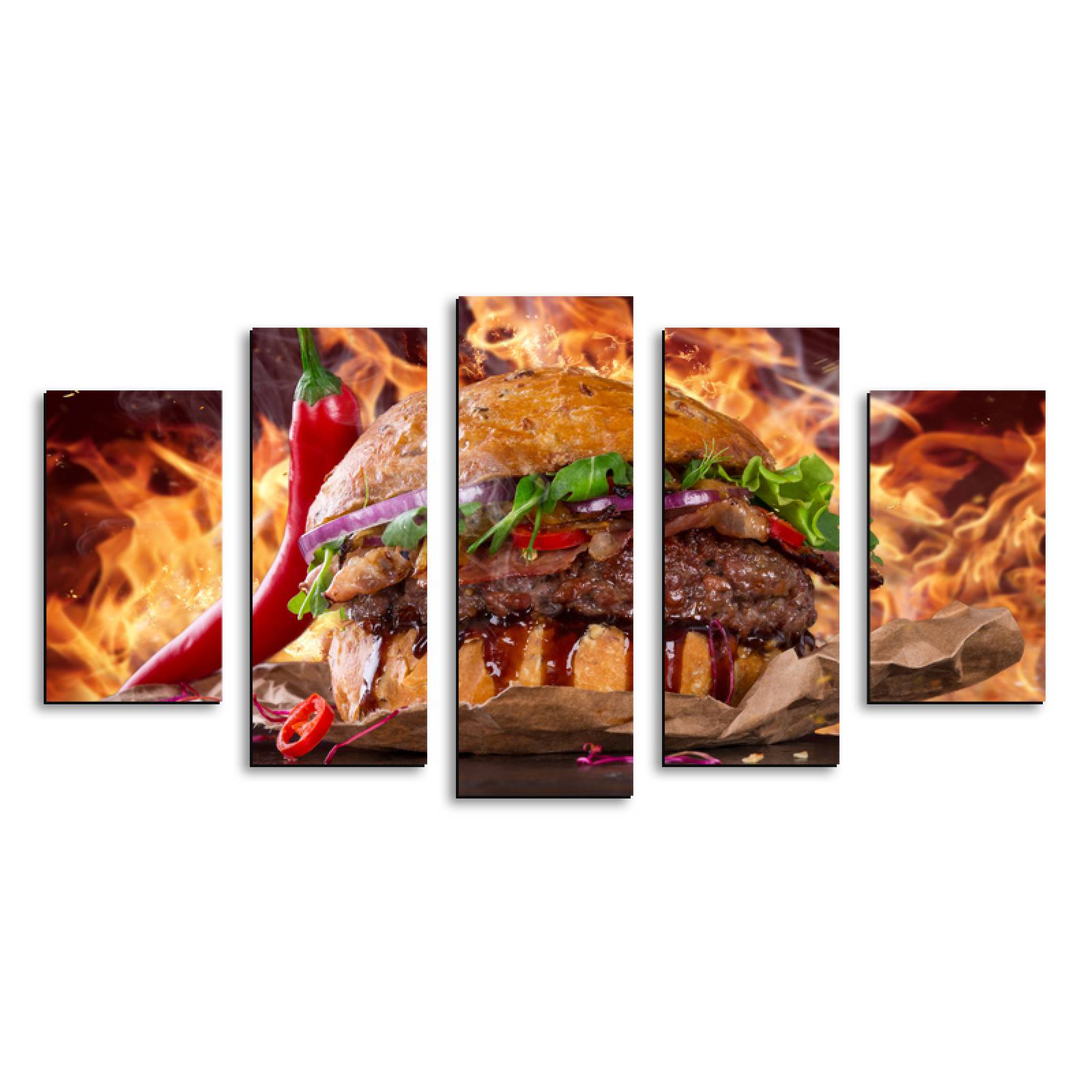 Cuadro decorativo Hamburguesa Fuego Decoración para Comedores y Restaurantes 150x80cm 5 piezas