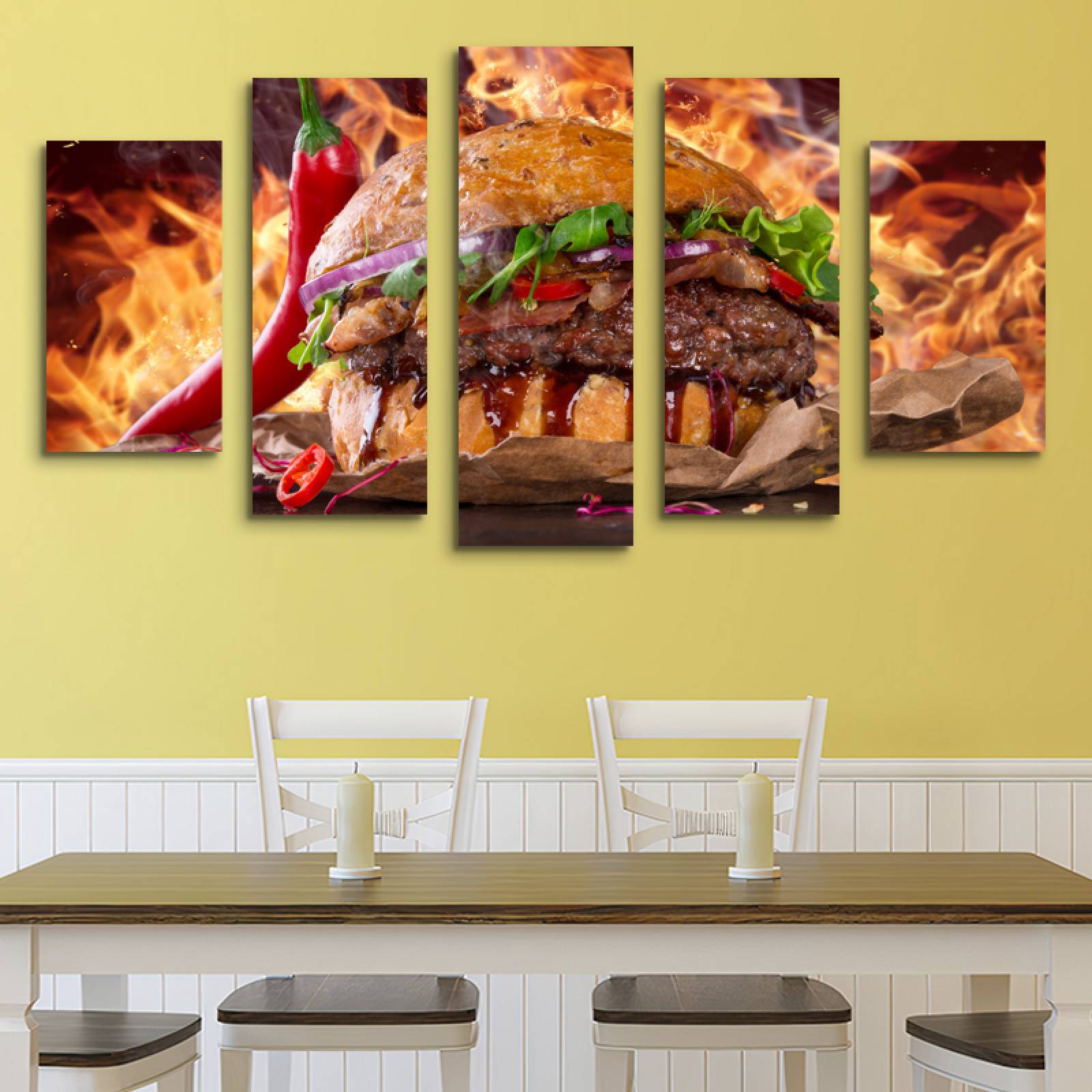 Cuadro decorativo Hamburguesa Fuego Decoración para Comedores y Restaurantes 150x80cm 5 piezas