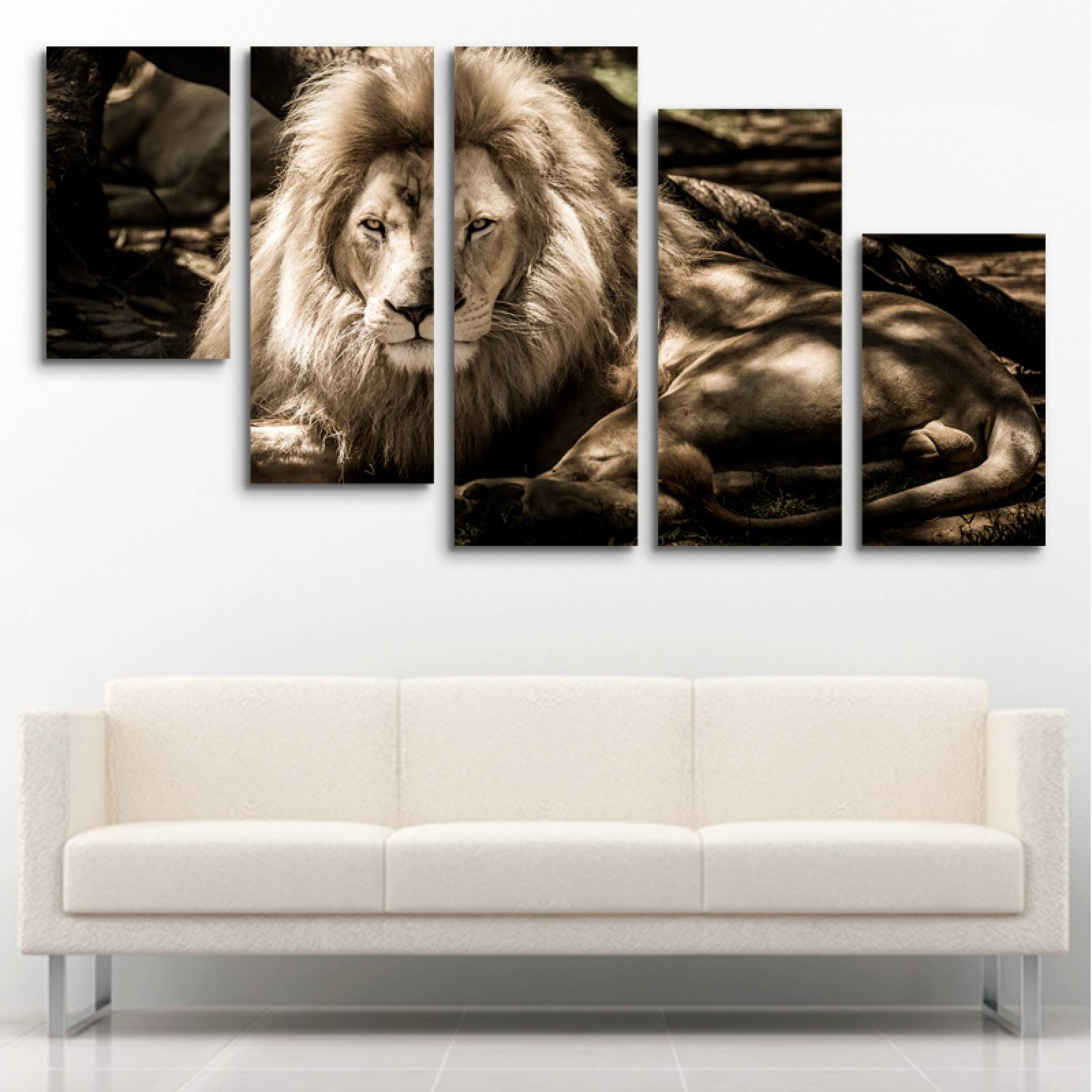 Cuadro decorativo León Rey de la Selva moderno decoración 150x80cm 5 piezas