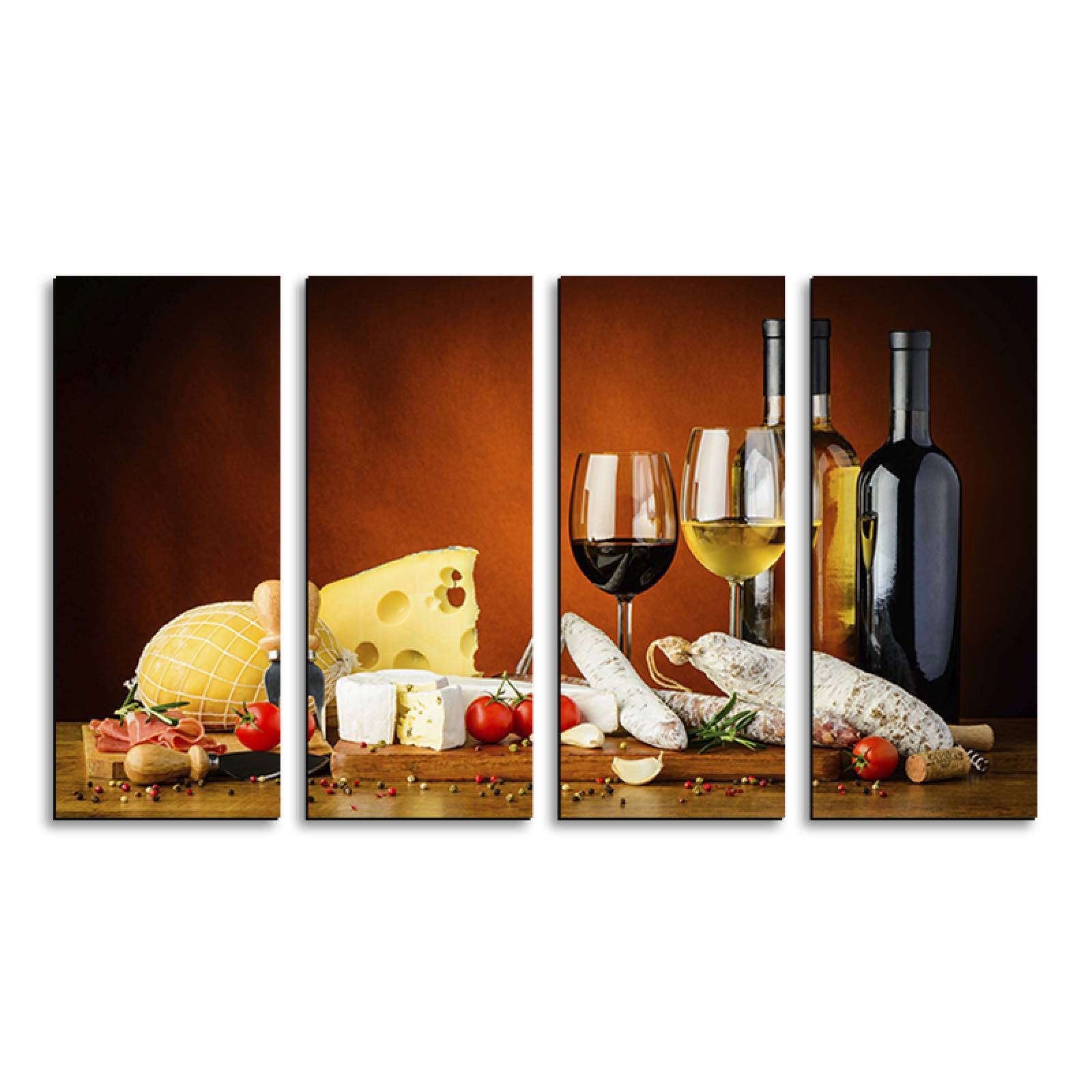 Cuadro decorativo Bodegón, Queso y Vinos Decoracion para Comedores y Restaurantes 2 metros x 120cm Grandes Modernos 4 Piezas