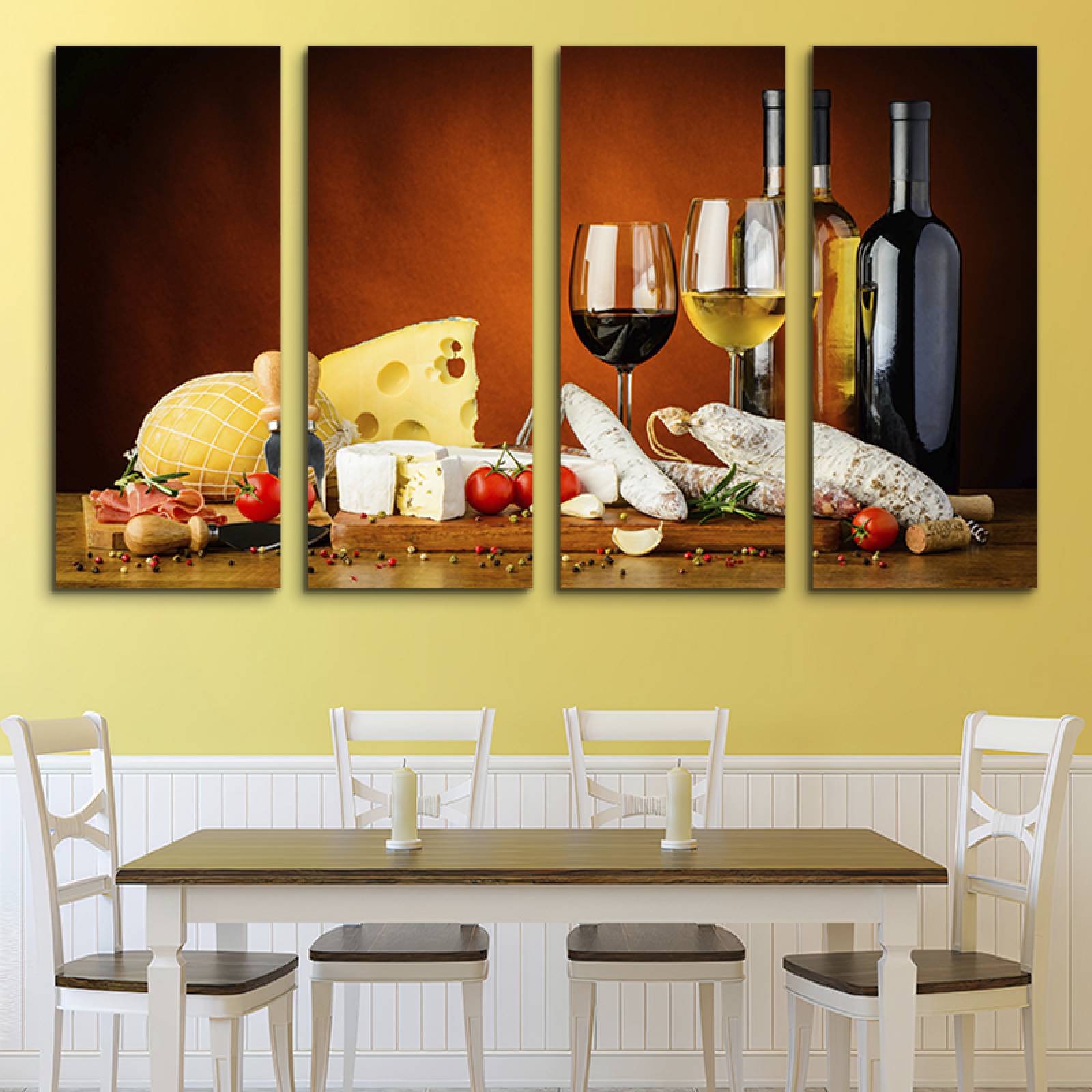 Cuadro decorativo Bodegón, Frutas y Vinos Decoracion para Comedores y Restaurantes 2 metros x 120cm Grandes Modernos 4 Piezas