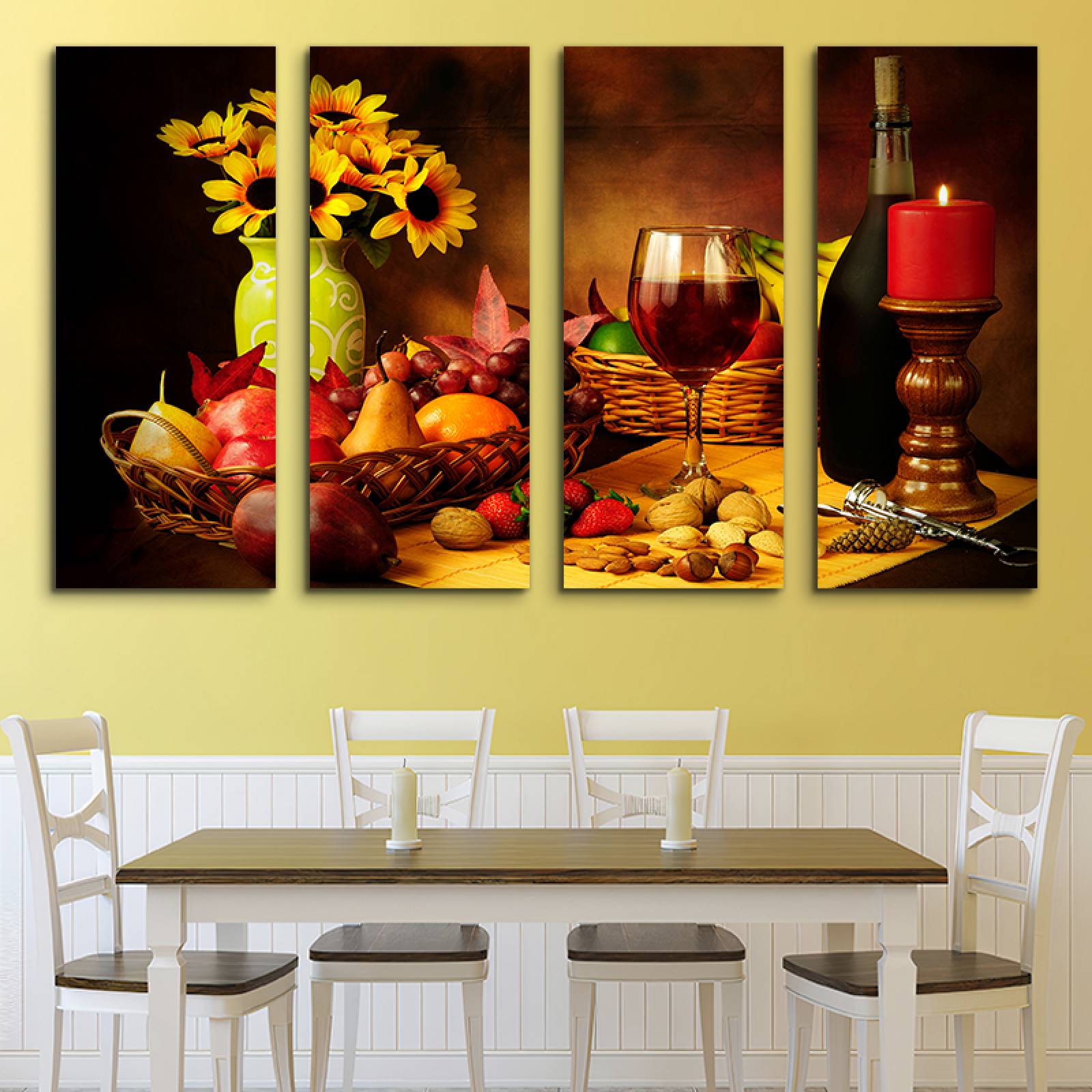 Cuadro decorativo Bodegón, Frutas y Vinos Decoracion para Comedores y Restaurantes 2 metros x 120cm Grandes Modernos 4 Piezas