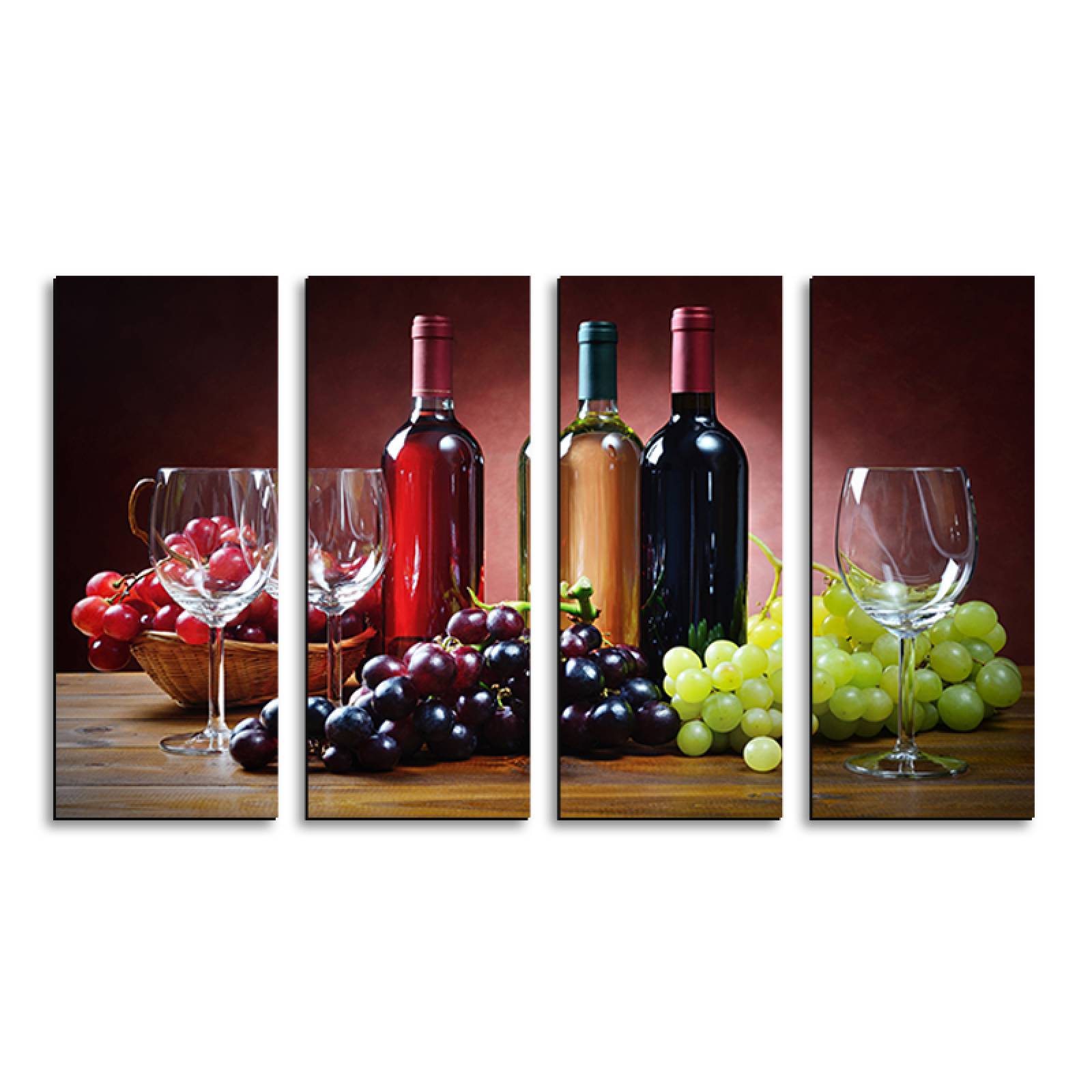 Cuadro decorativo Bodegón, Vinos y Uvas Decoracion para Comedores y Restaurantes 2 metros x 120cm Grandes Modernos 4 Piezas