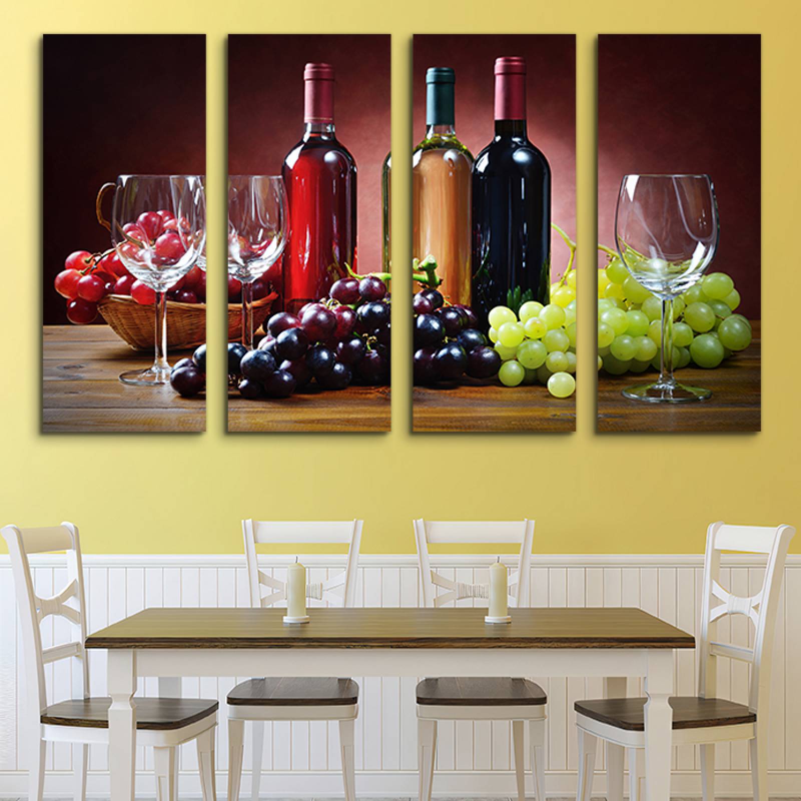 Cuadro decorativo Bodegón, Vinos y Uvas Decoracion para Comedores y Restaurantes 2 metros x 120cm Grandes Modernos 4 Piezas