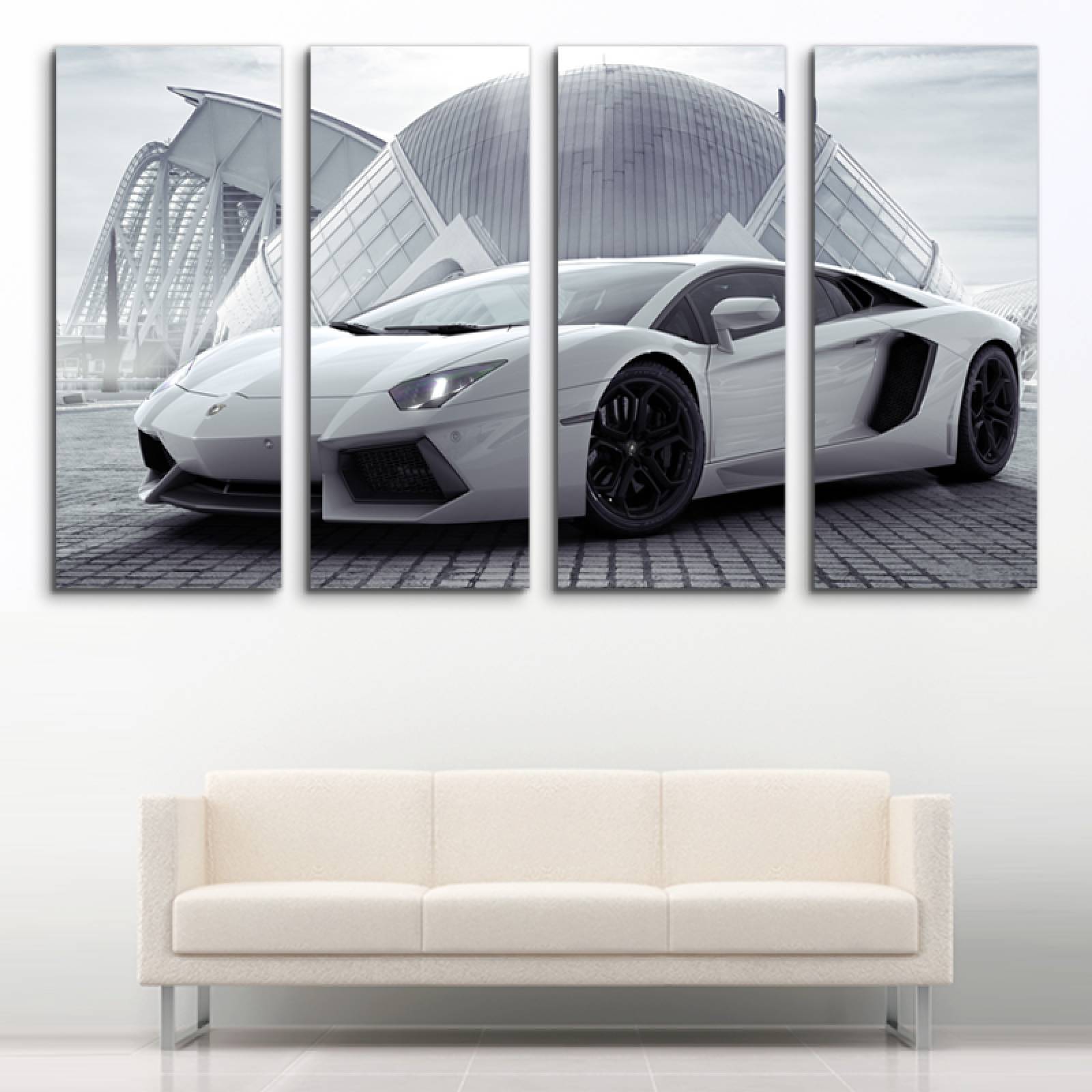 Cuadro decorativo Lamborghini Blanco Auto deportivo 2 metros x 120cm Grandes Modernos 4 Piezas