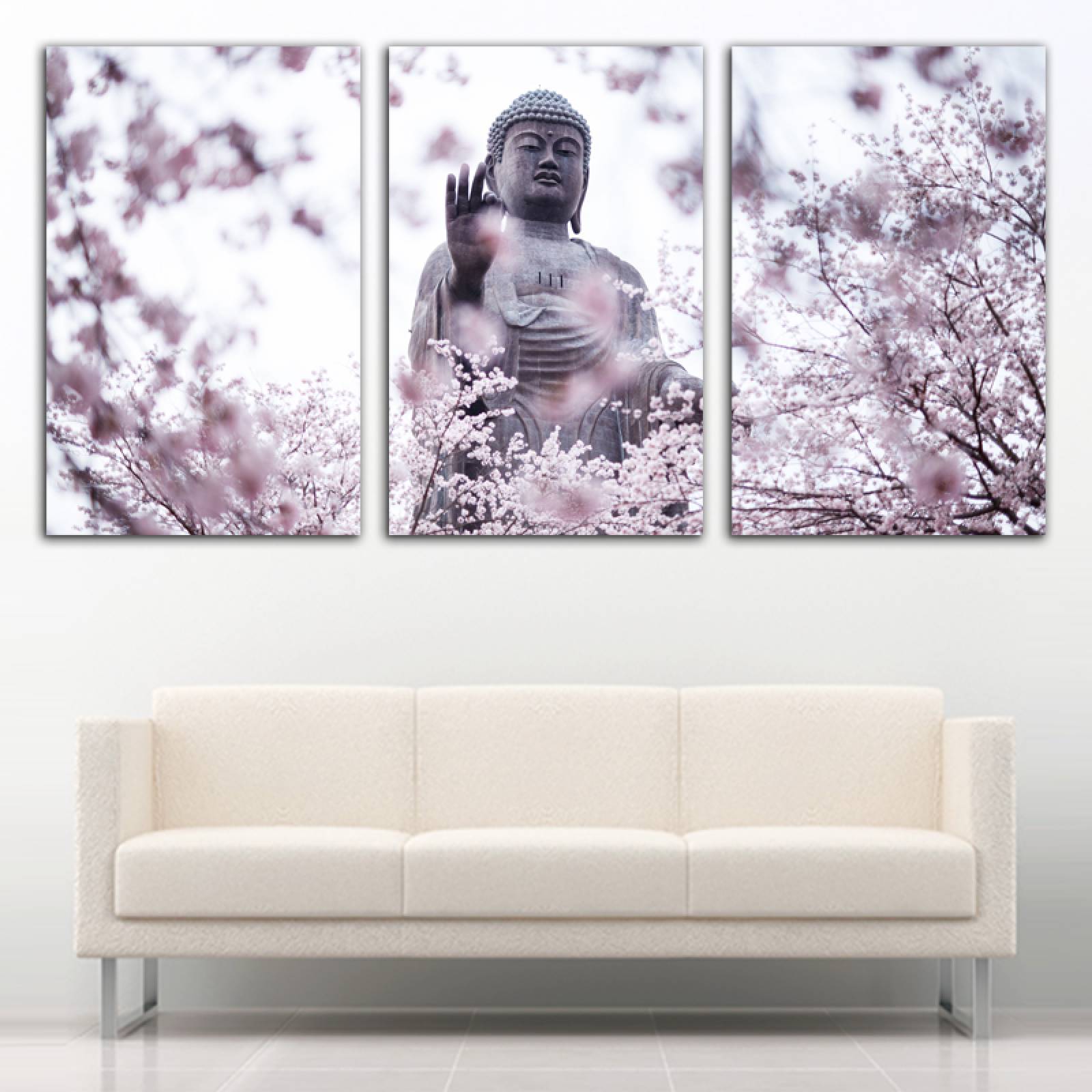 Cuadro decorativo Buda Con Flor de Cerezos Rosa moderno decoración 168x86cm 3 piezas