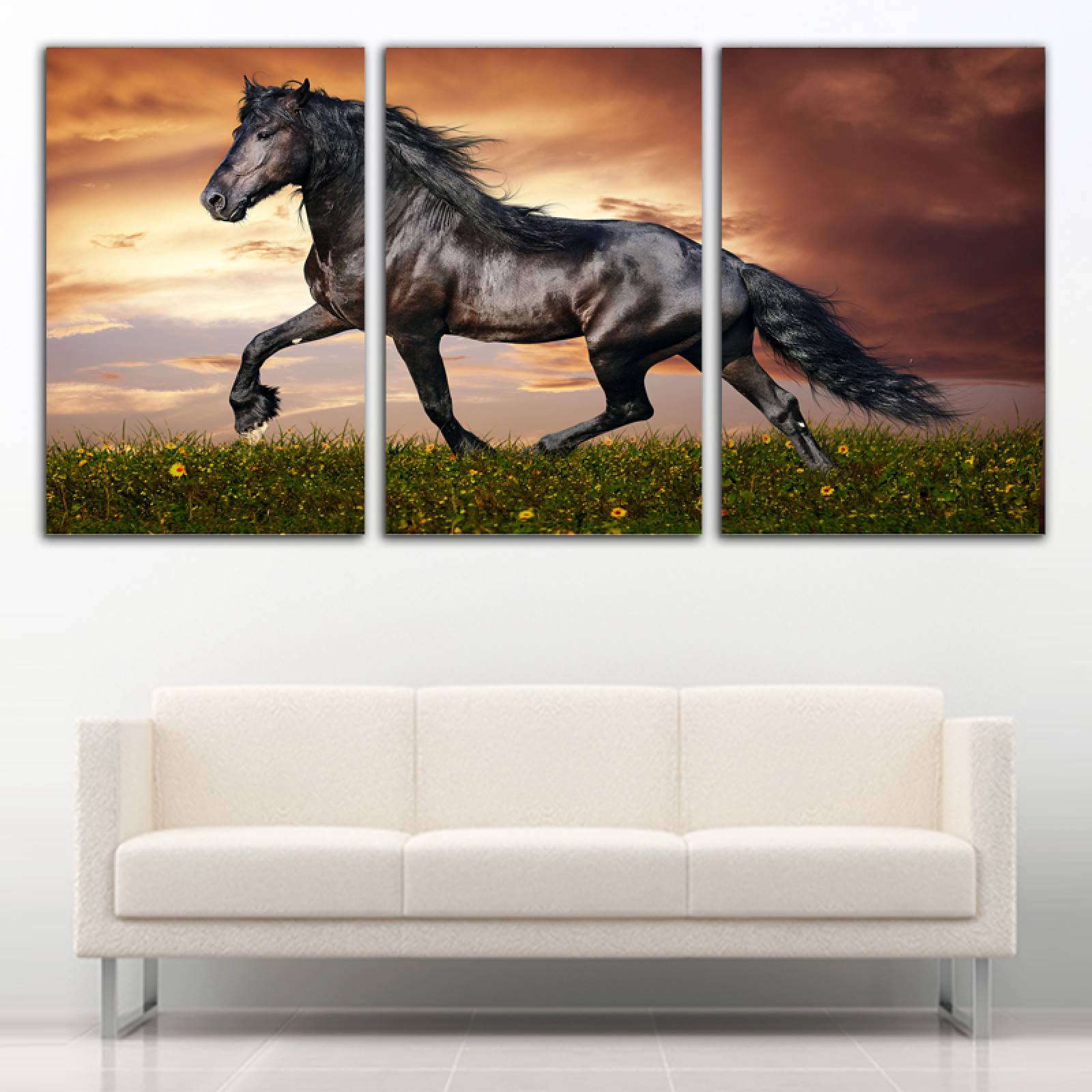 Cuadro decorativo Corcel Negro Caballo Animales moderno decoración 168x86cm 3 piezas