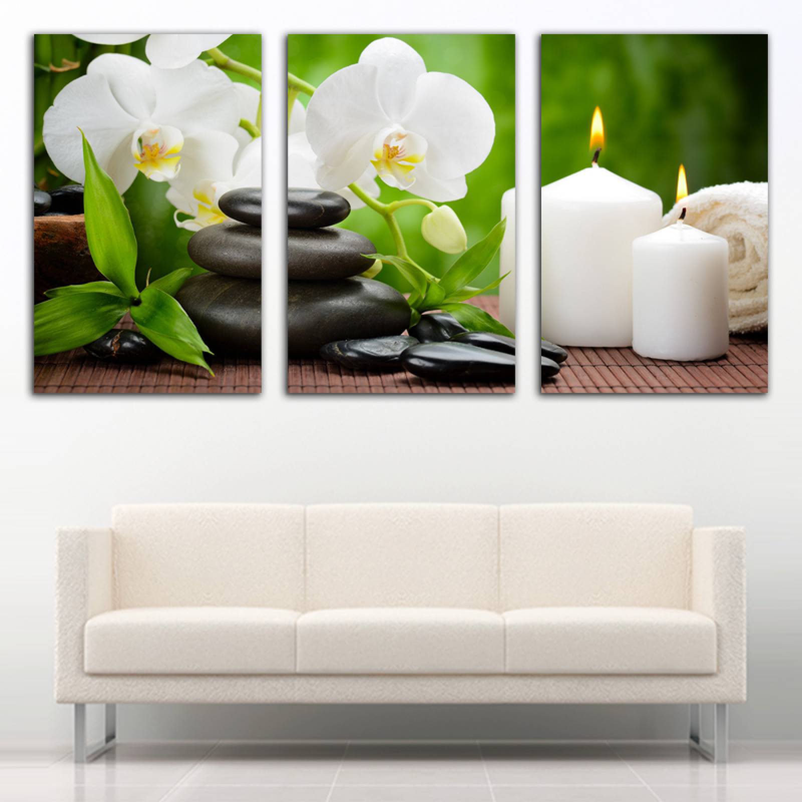 Cuadro decorativo Flores de Orquideas Blancas Spa Verde moderno decoración 168x86cm 3 piezas