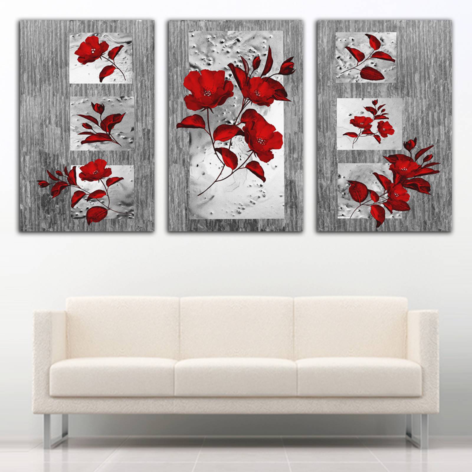 Cuadro decorativo Flores Rojas moderno decoración 168x86cm 3 piezas