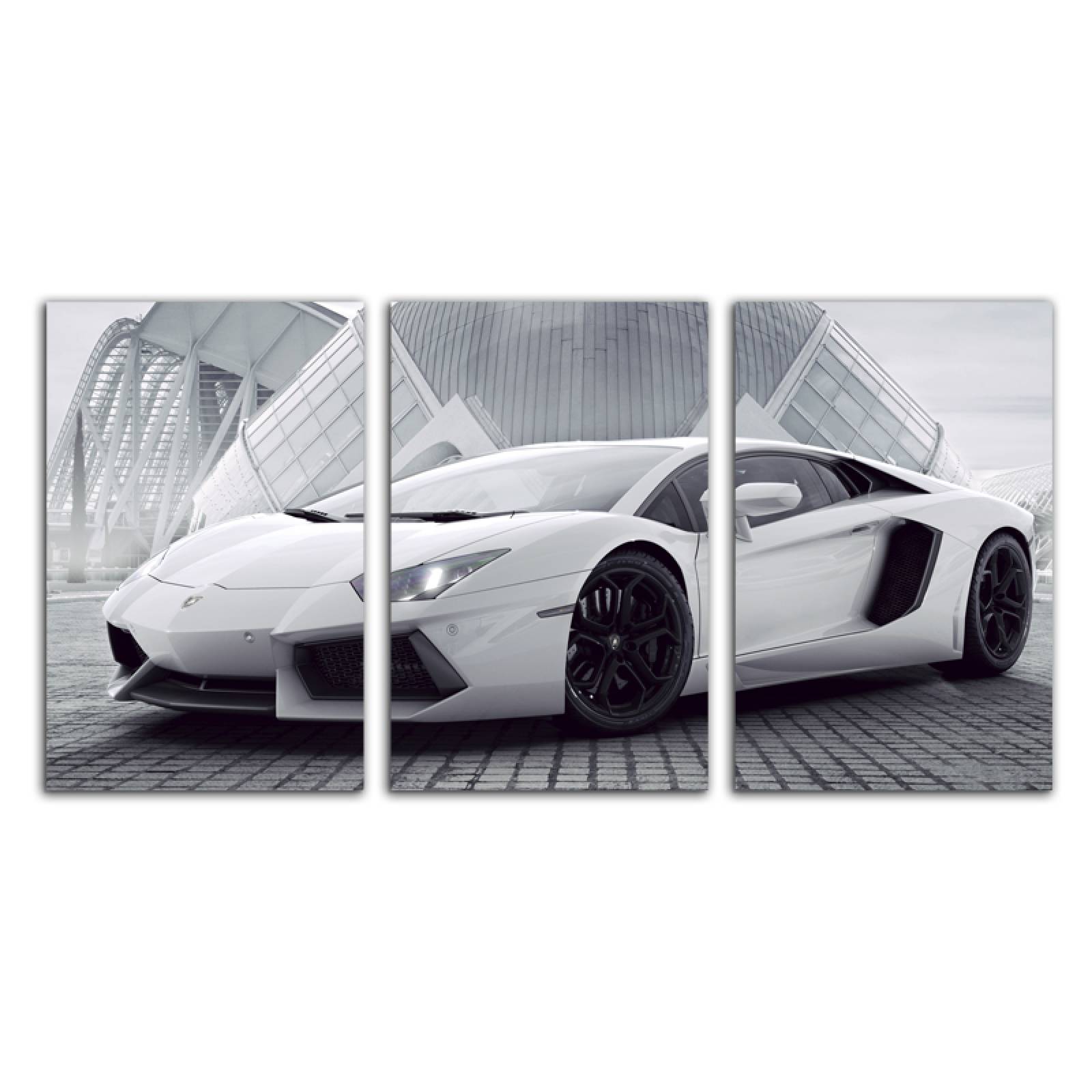 Cuadro decorativo Auto Deportivo Lamborghini Blanco moderno decoración 168x86cm 3 piezas