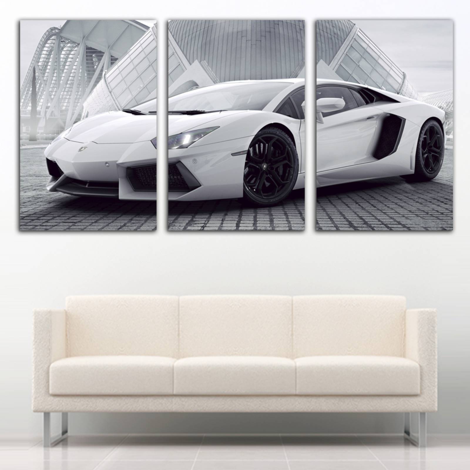 Cuadro decorativo Auto Deportivo Lamborghini Blanco moderno decoración 168x86cm 3 piezas