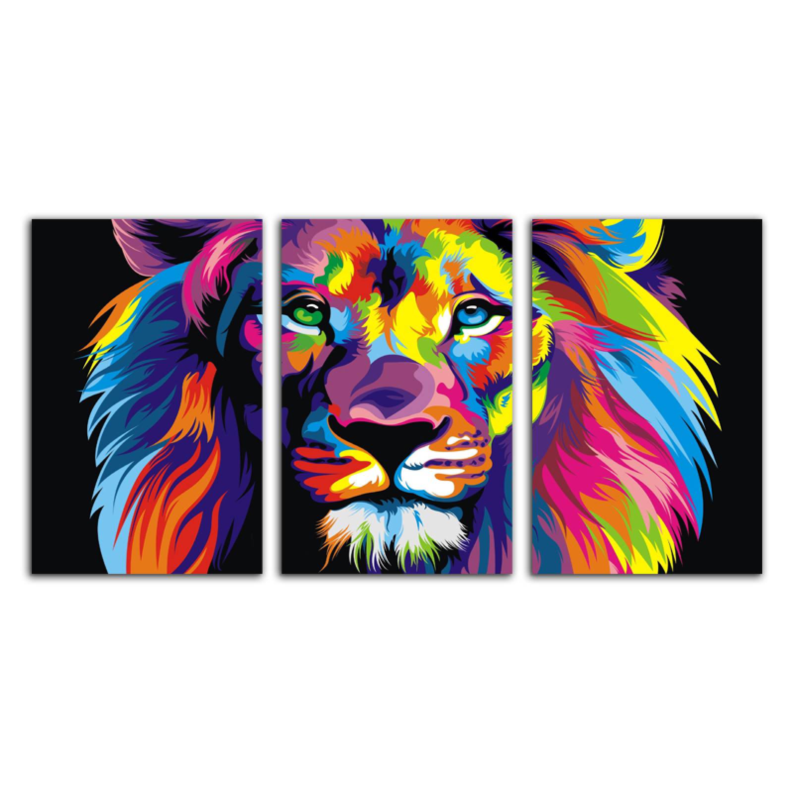 Cuadro decorativo León en Arte Pop Colores Animales moderno decoración 168x86cm 3 piezas