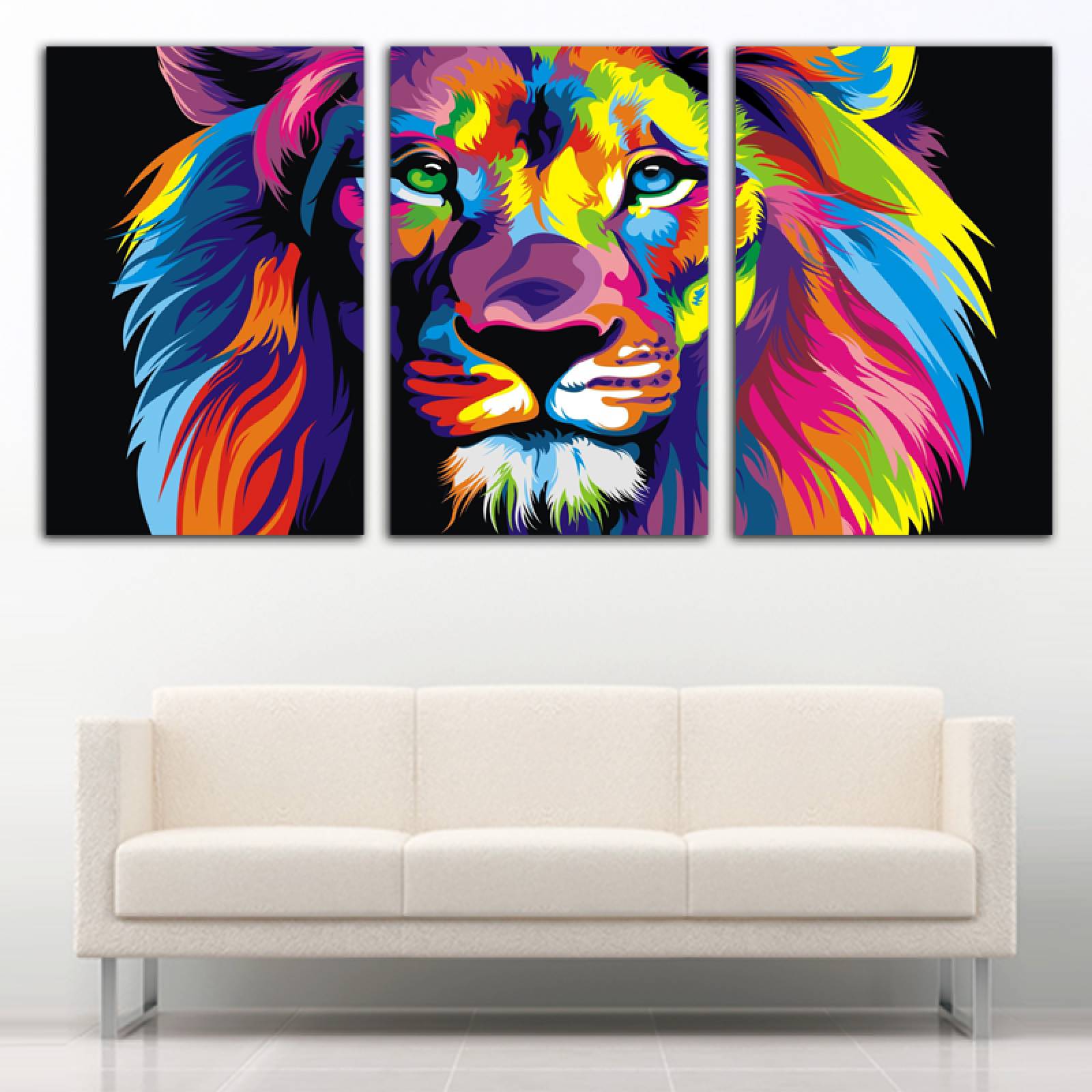 Cuadro decorativo León en Arte Pop Colores Animales moderno decoración 168x86cm 3 piezas