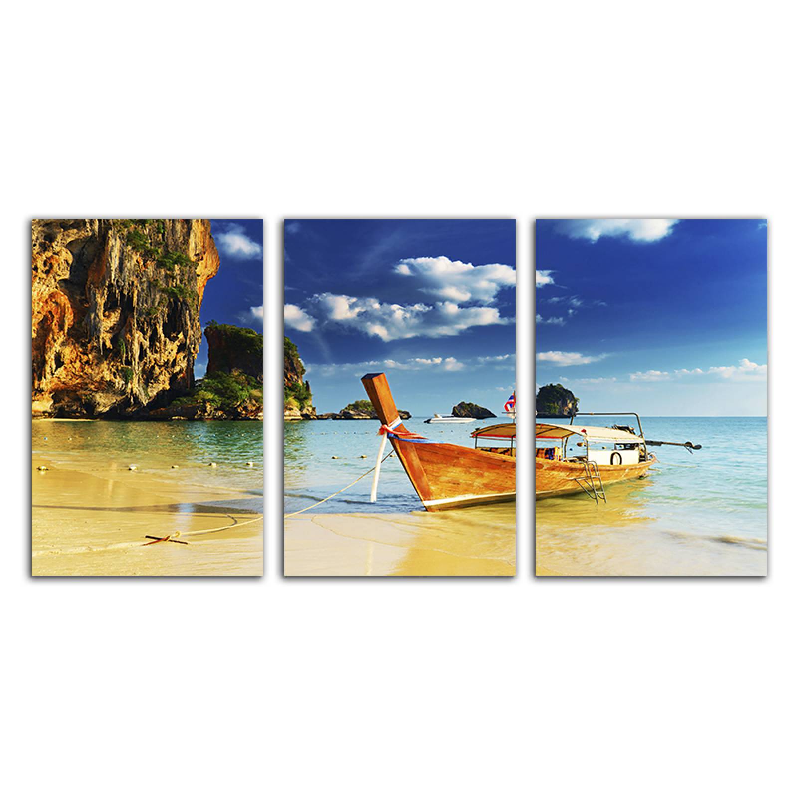 Cuadro decorativo Paisaje de Playa Barcaza moderno decoración 168x86cm 3 piezas