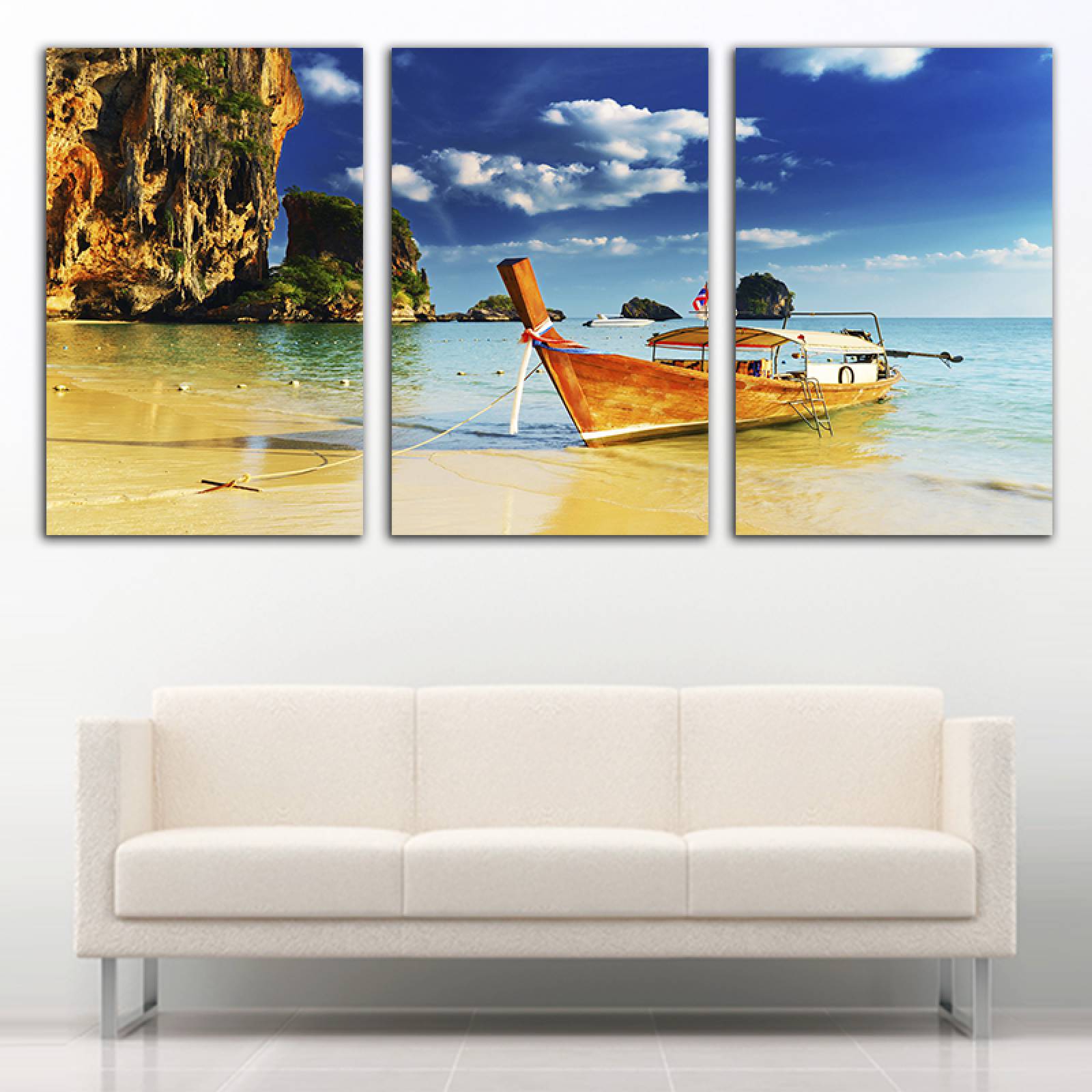 Cuadro decorativo Paisaje de Playa Barcaza moderno decoración 168x86cm 3 piezas