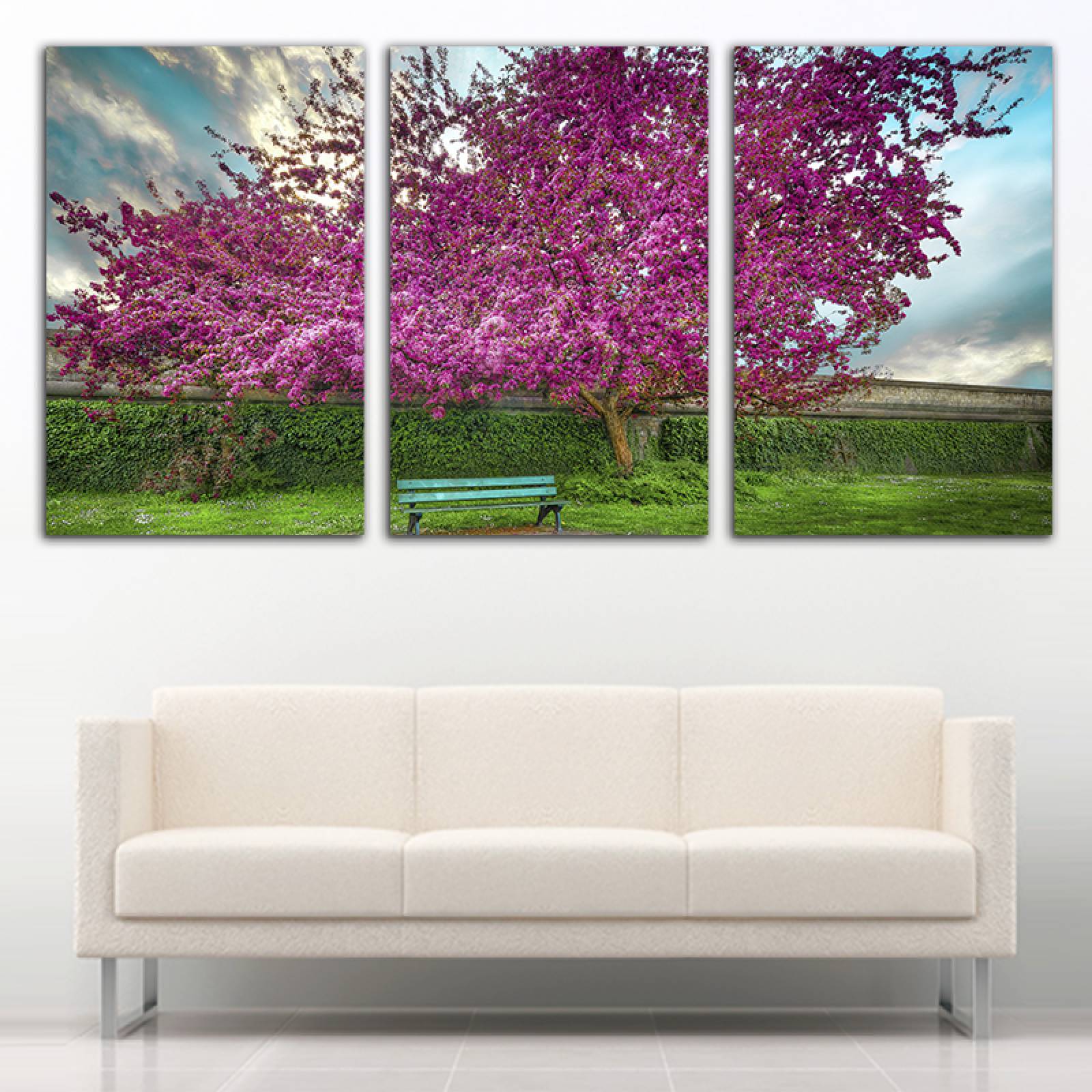 Cuadro decorativo Árbol de Cerezo Japones Rosa Paisaje moderno decoración 168x86cm 3 piezas