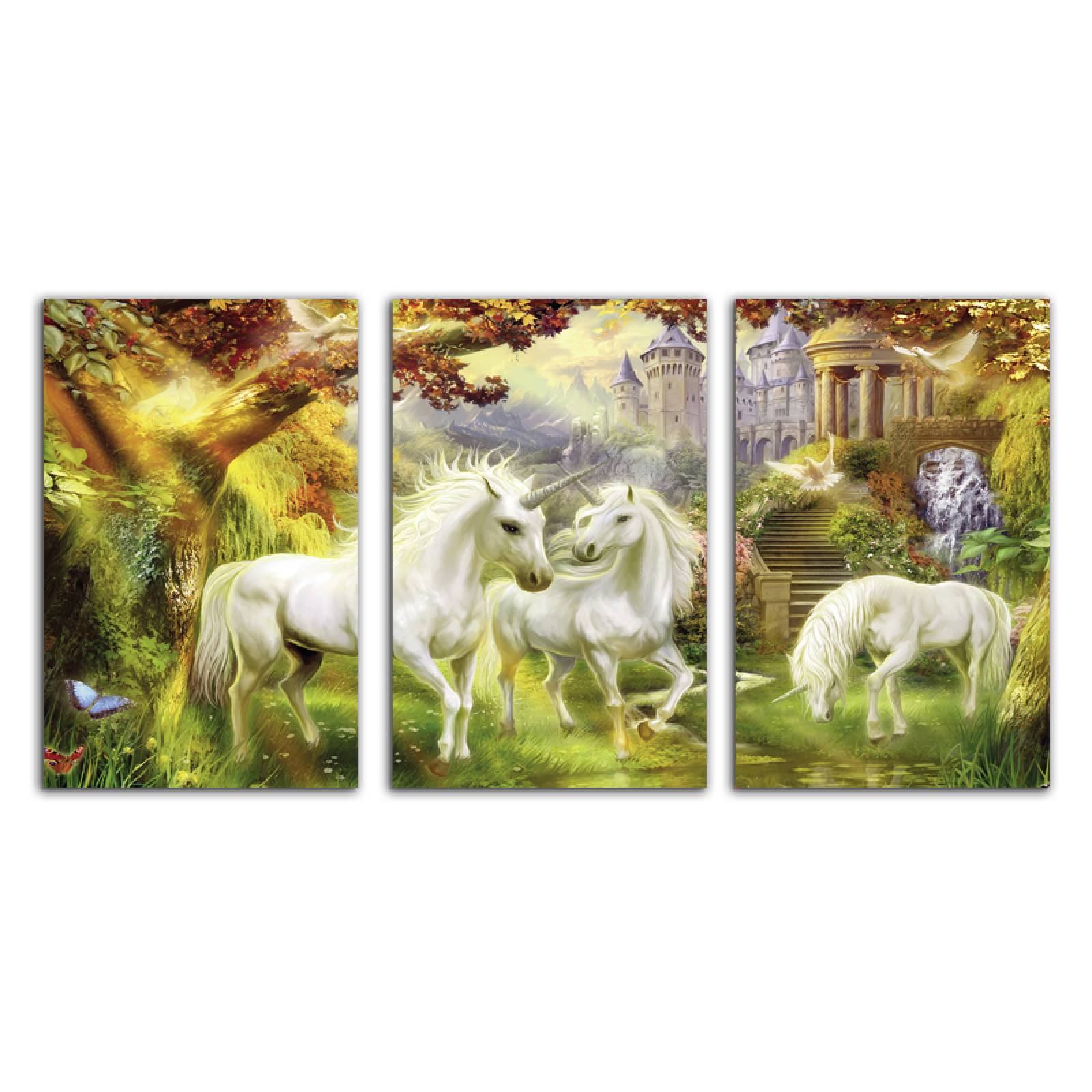 Cuadro decorativo Unicornios paisaje Verde moderno decoración 168x86cm 3 piezas
