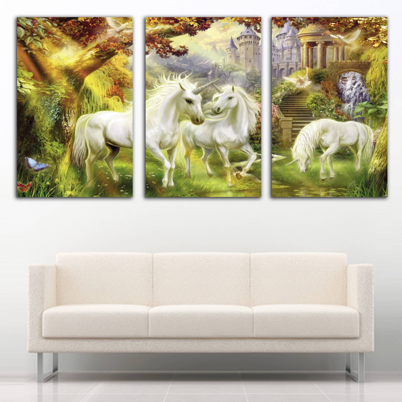 Cuadro decorativo Unicornios paisaje Verde moderno decoración 168x86cm 3 piezas