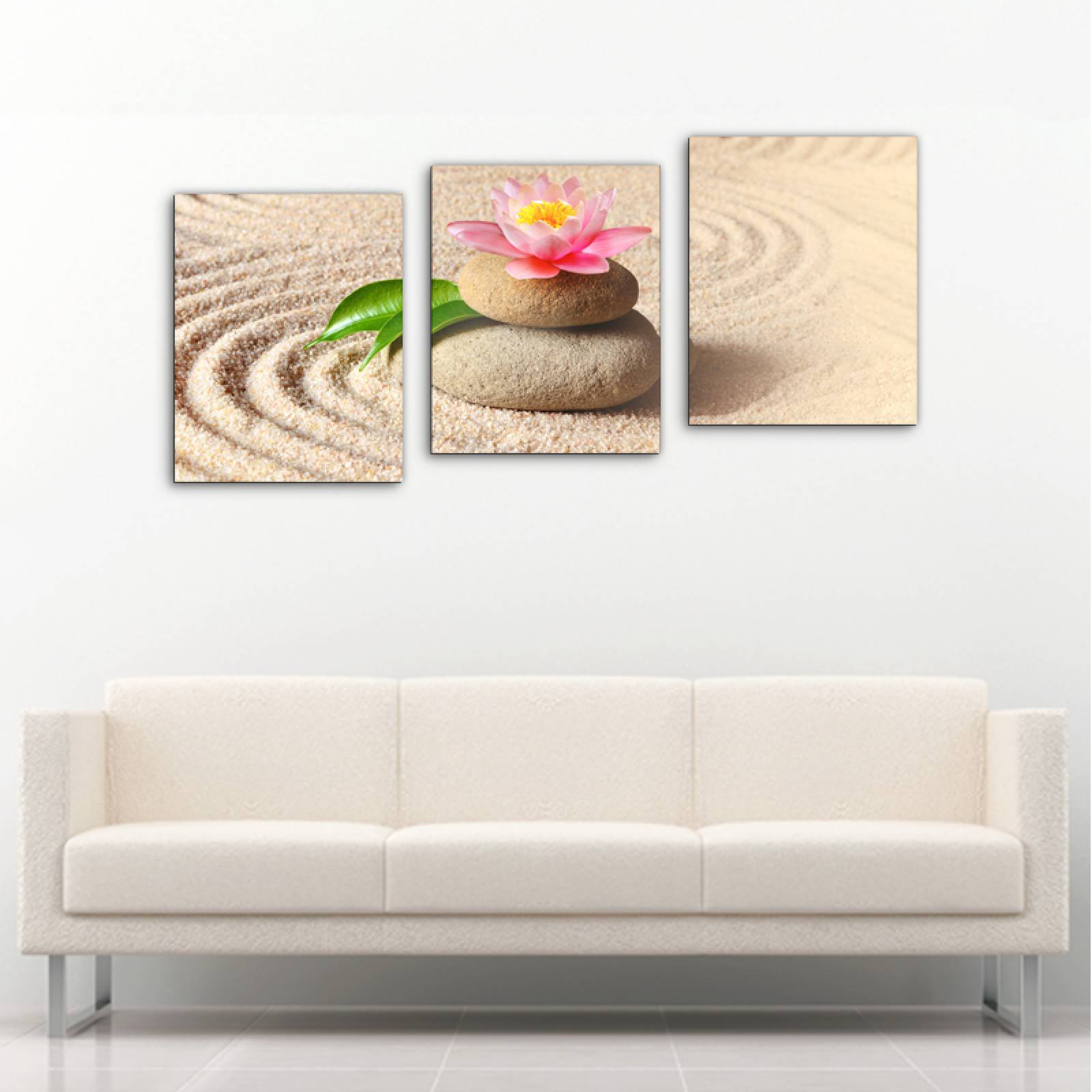 Cuadro decorativo Jardín Zen Arena Y Piedras Meditación Moderno Decoración 120x60cm 3 piezas