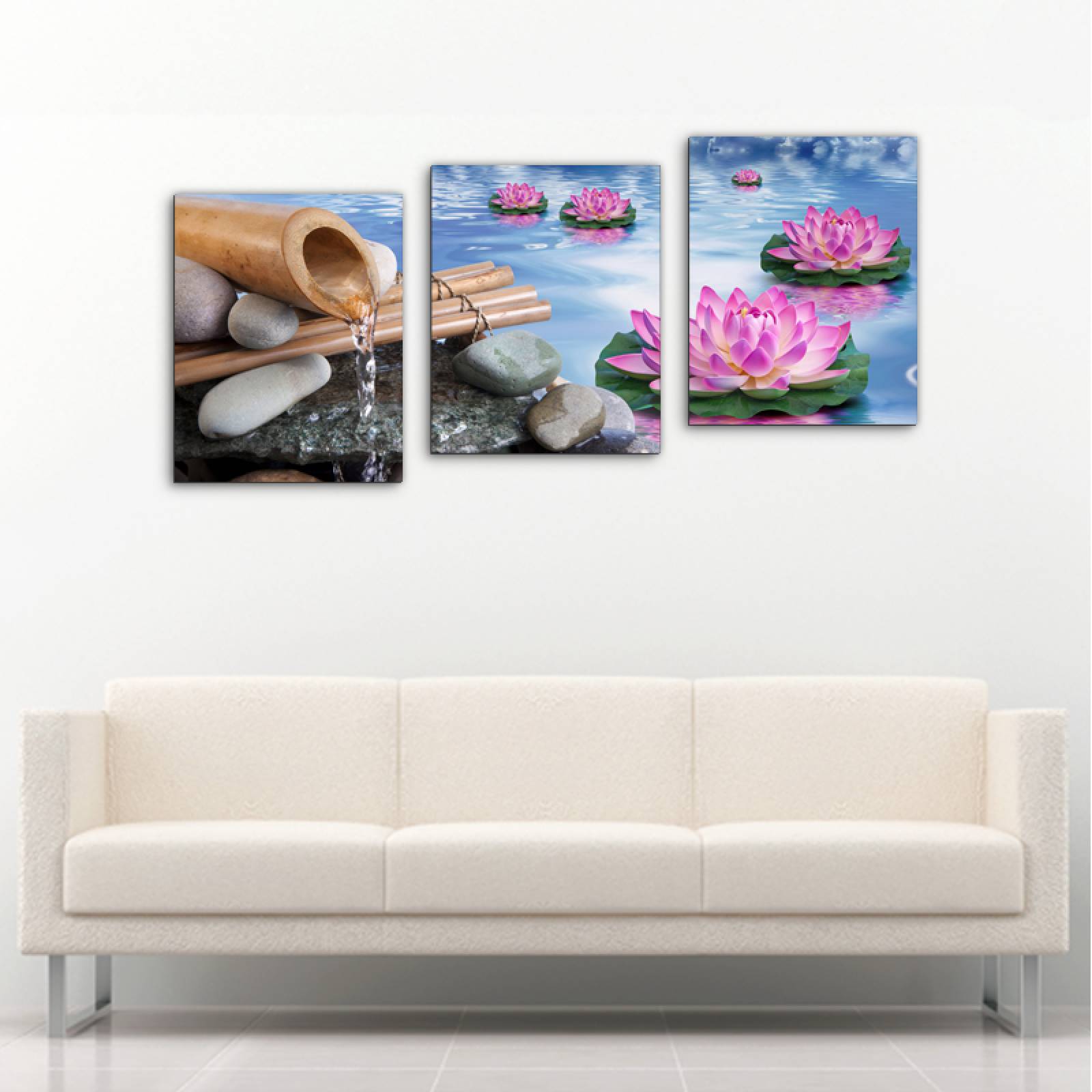 Cuadro decorativo Flor de Loto Y Bambu Meditación Moderno Decoración 120x60cm 3 piezas