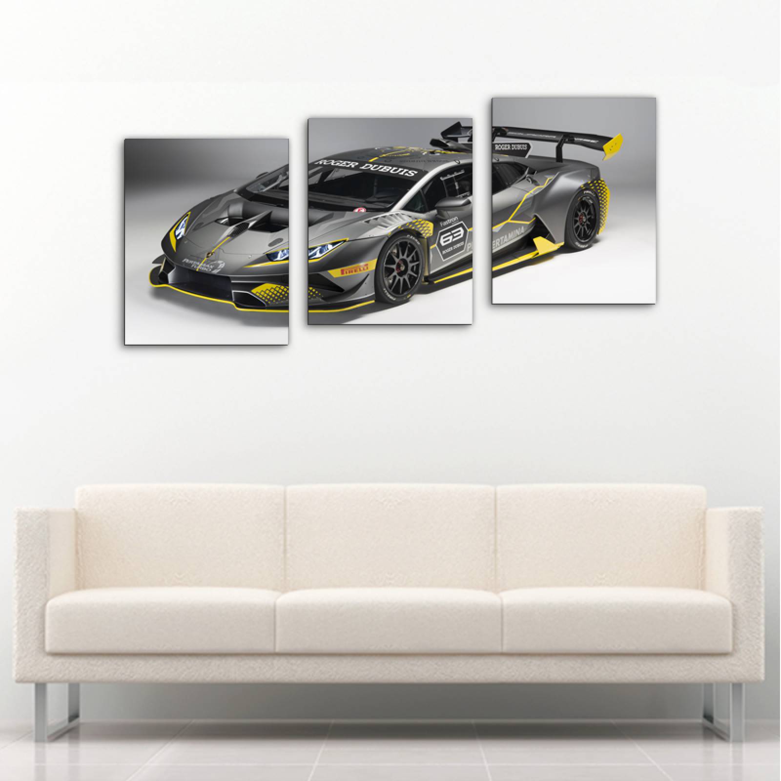 Cuadro decorativo Lamborghini Gris Auto Deportivo Moderno Decoración 120x60cm 3 piezas
