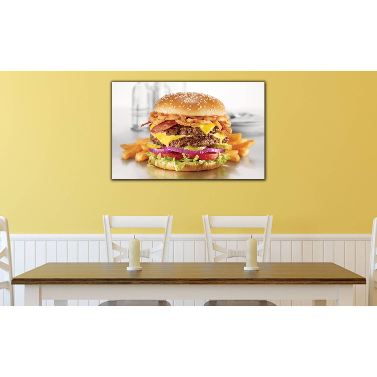 Cuadro de Pared Hamburguesa Doble con Papas Decoracíon para Comedor 86x56cm