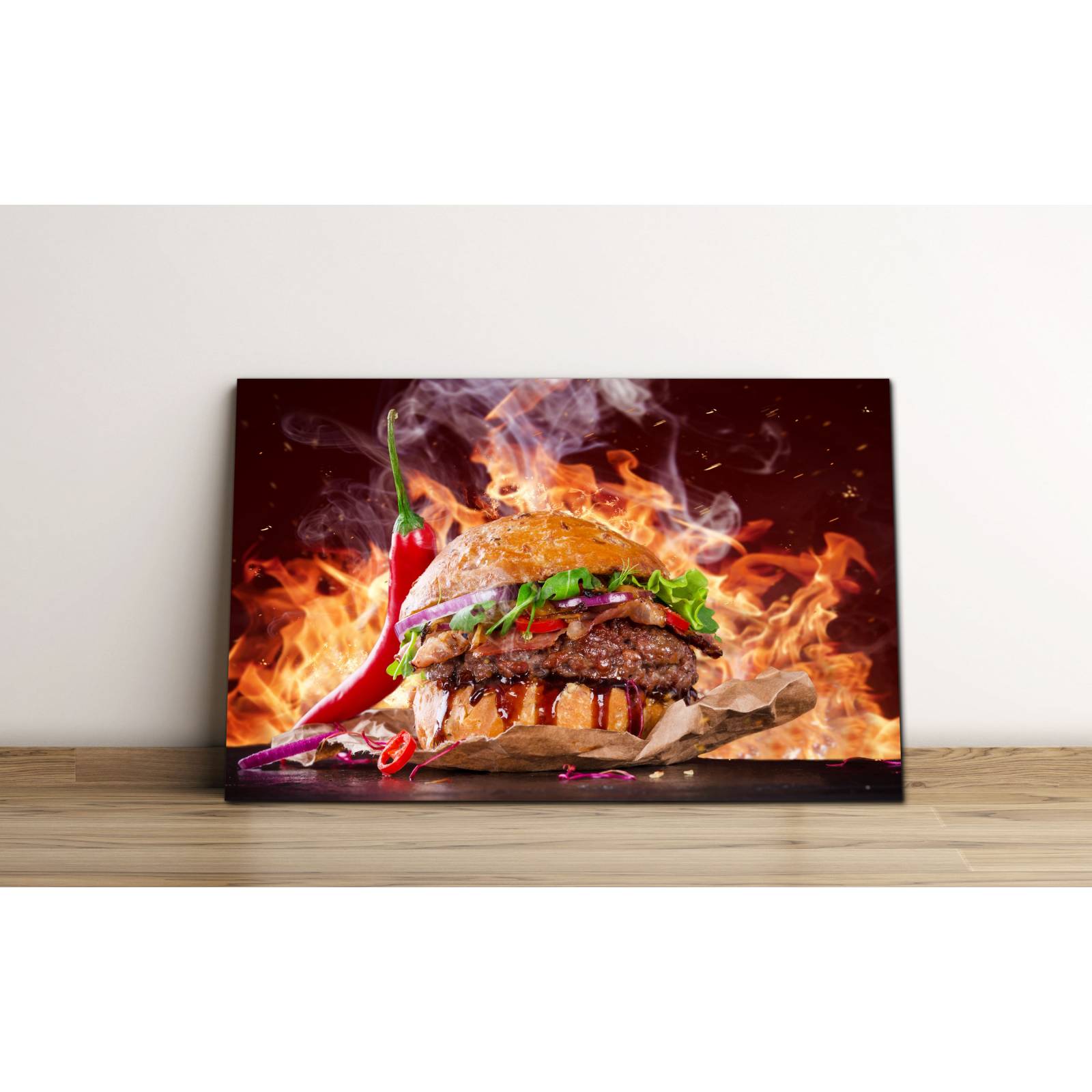 Cuadro de Pared Hamburguesa Fuego Moderno Decoracíon para Comedor 86x56cm