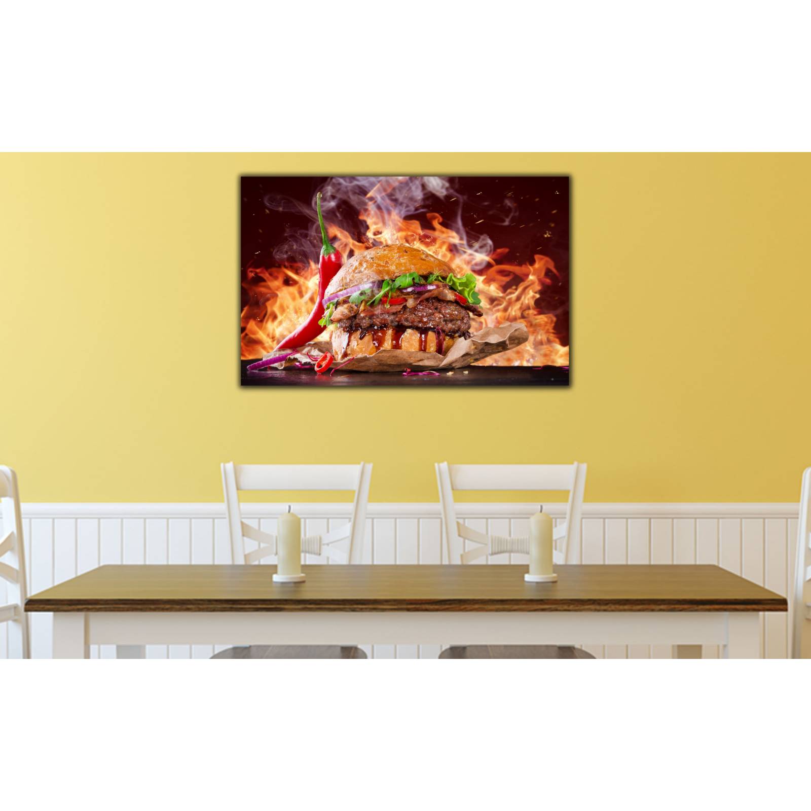 Cuadro de Pared Hamburguesa Fuego Moderno Decoracíon para Comedor 86x56cm