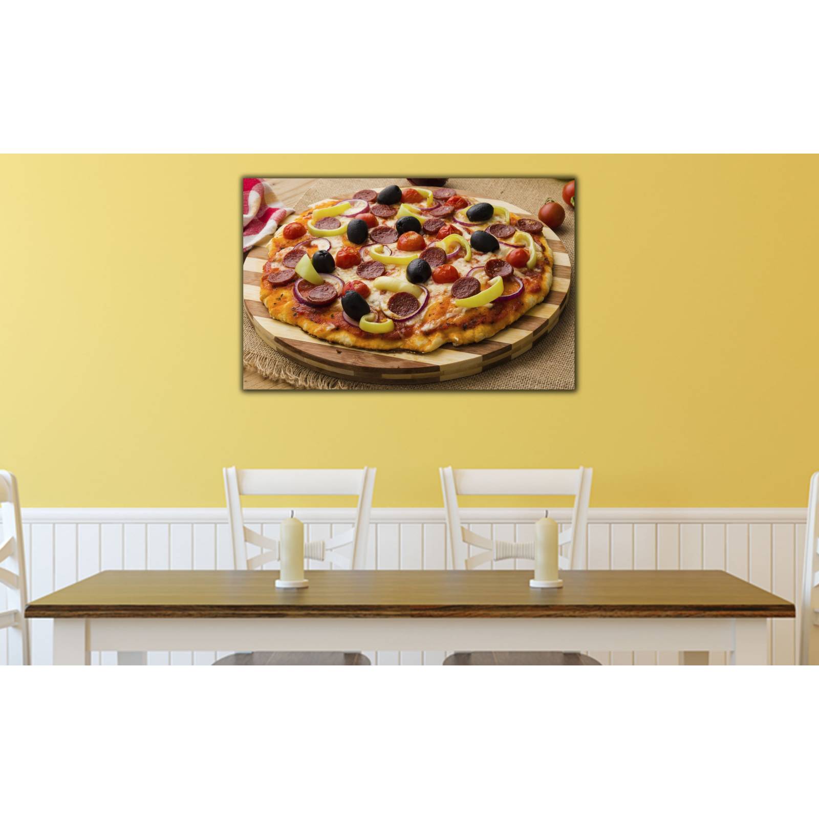 Cuadro de Pared Pizza Italiana Pepperoni y Aceitunas Decoracíon para Comedor 86x56cm