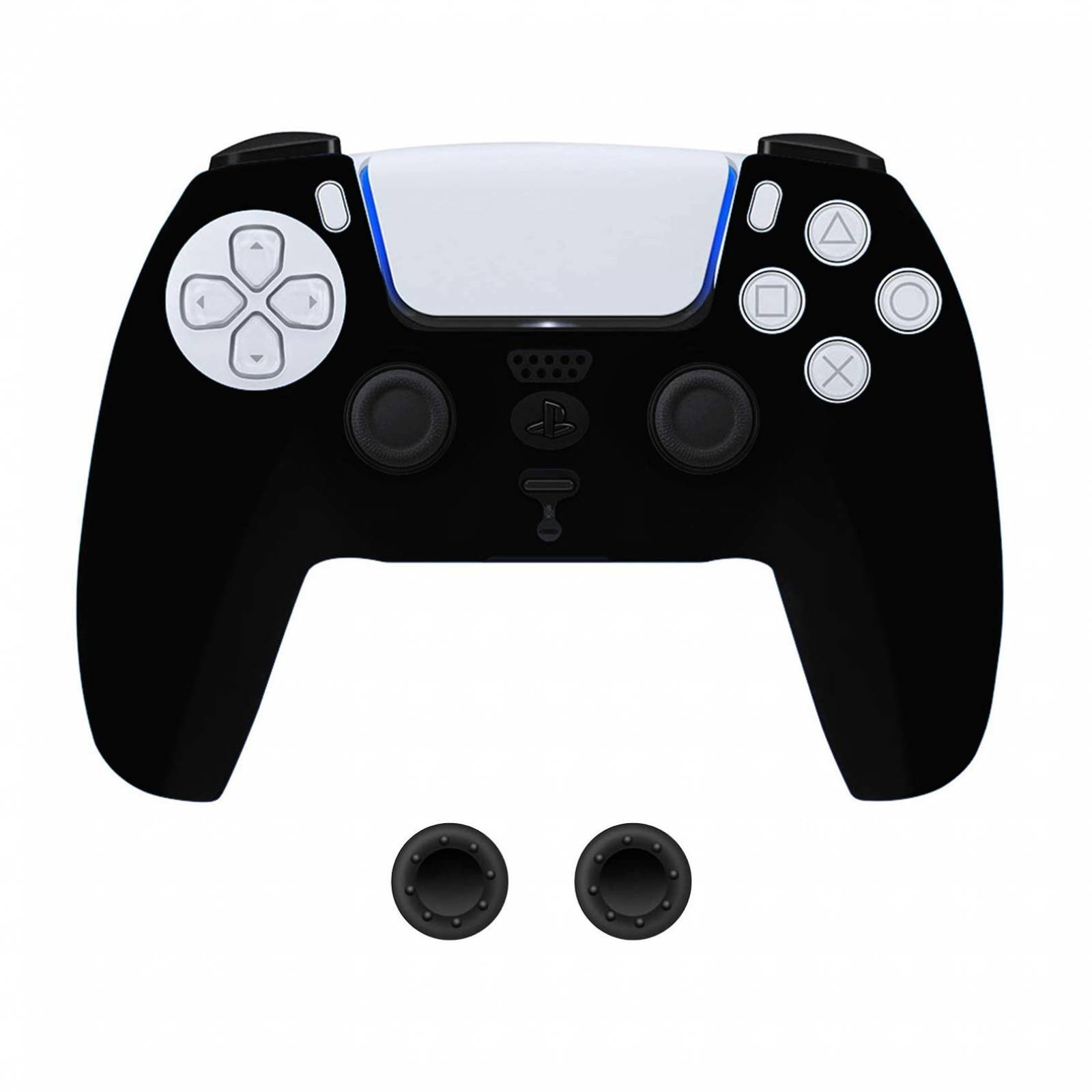 PS5 Funda Silicona + 2 Grips Texturizados (Negro) Alomia Funda de Silicon para controles de PS5 - Estuche de silicon antideslizante, Funda protectora, Cubierta para control de Sony Playstation 5.