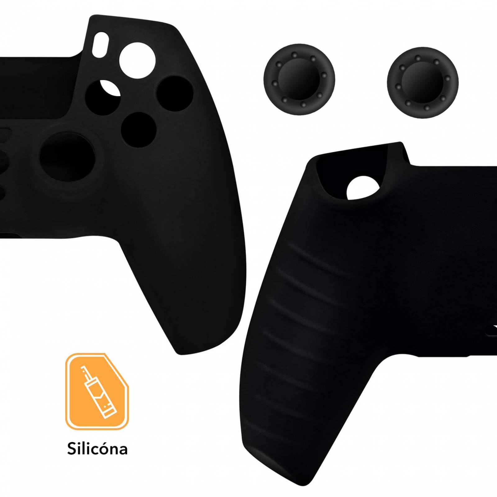 PS5 Funda Silicona + 2 Grips Texturizados (Negro) Alomia Funda de Silicon para controles de PS5 - Estuche de silicon antideslizante, Funda protectora, Cubierta para control de Sony Playstation 5.