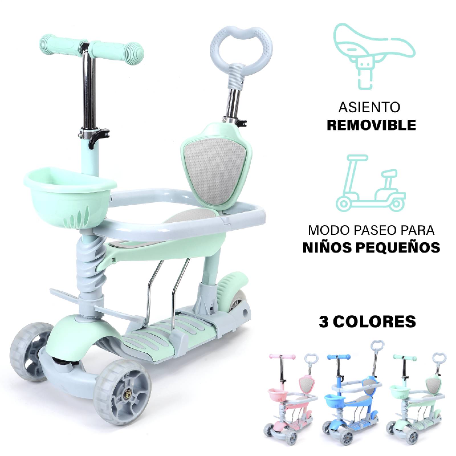 Scooter Patin Infantil Asiento Ajustable 3 Ruedas Con Manija
