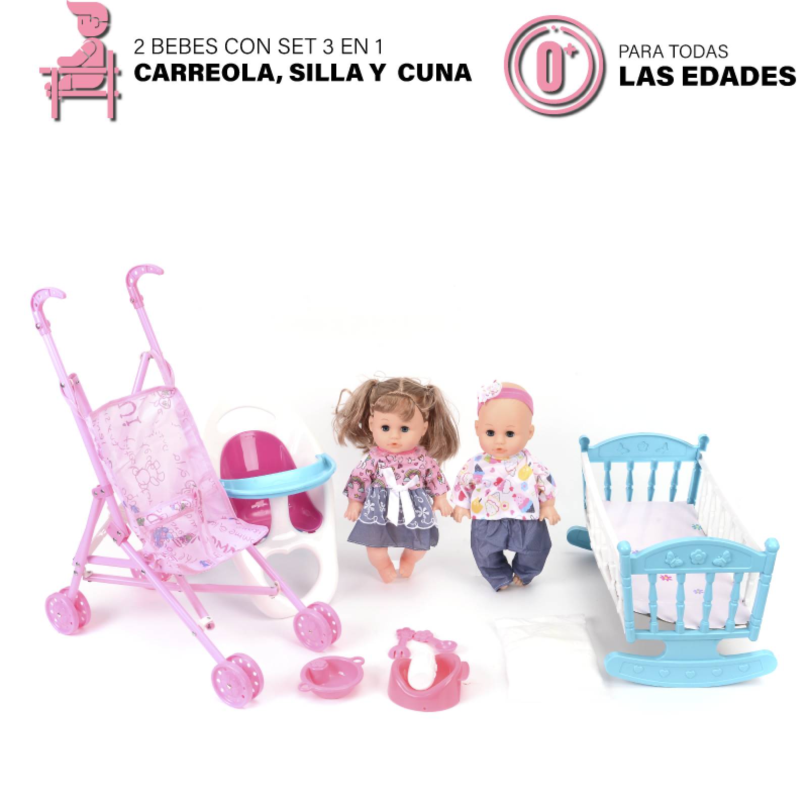 Par Muñecas Bebe En Carriola Cuna Silla Hace Pipi