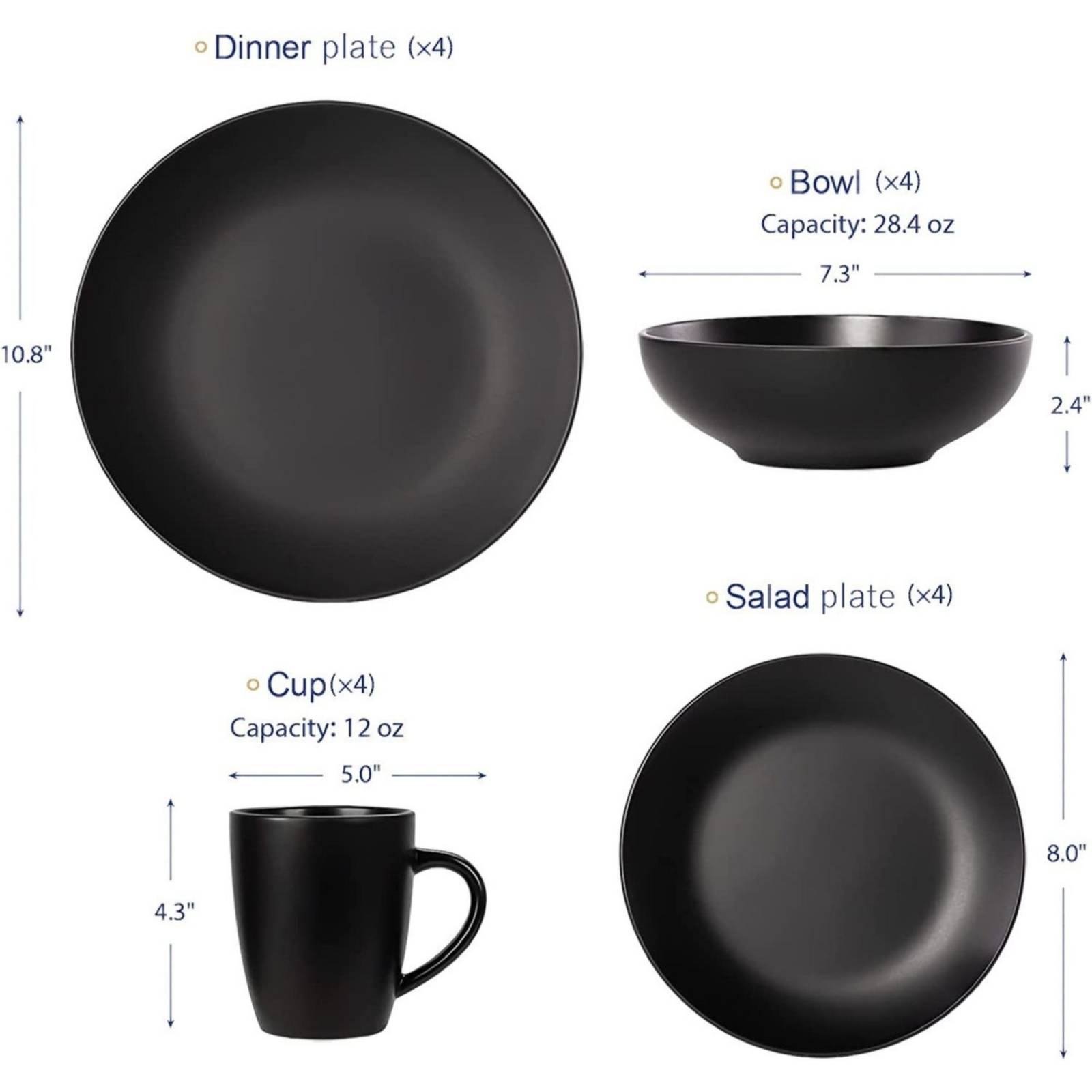 Set Vajilla Negra Mate Creativeland 16 Piezas